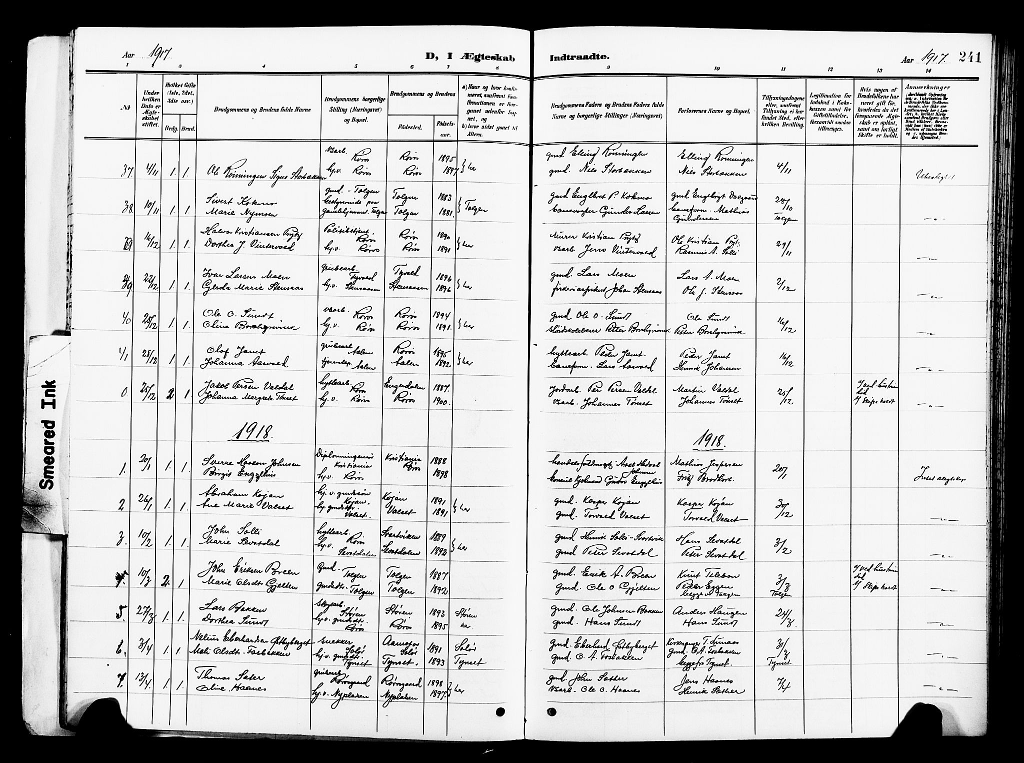 Ministerialprotokoller, klokkerbøker og fødselsregistre - Sør-Trøndelag, SAT/A-1456/681/L0942: Parish register (copy) no. 681C06, 1906-1925, p. 241