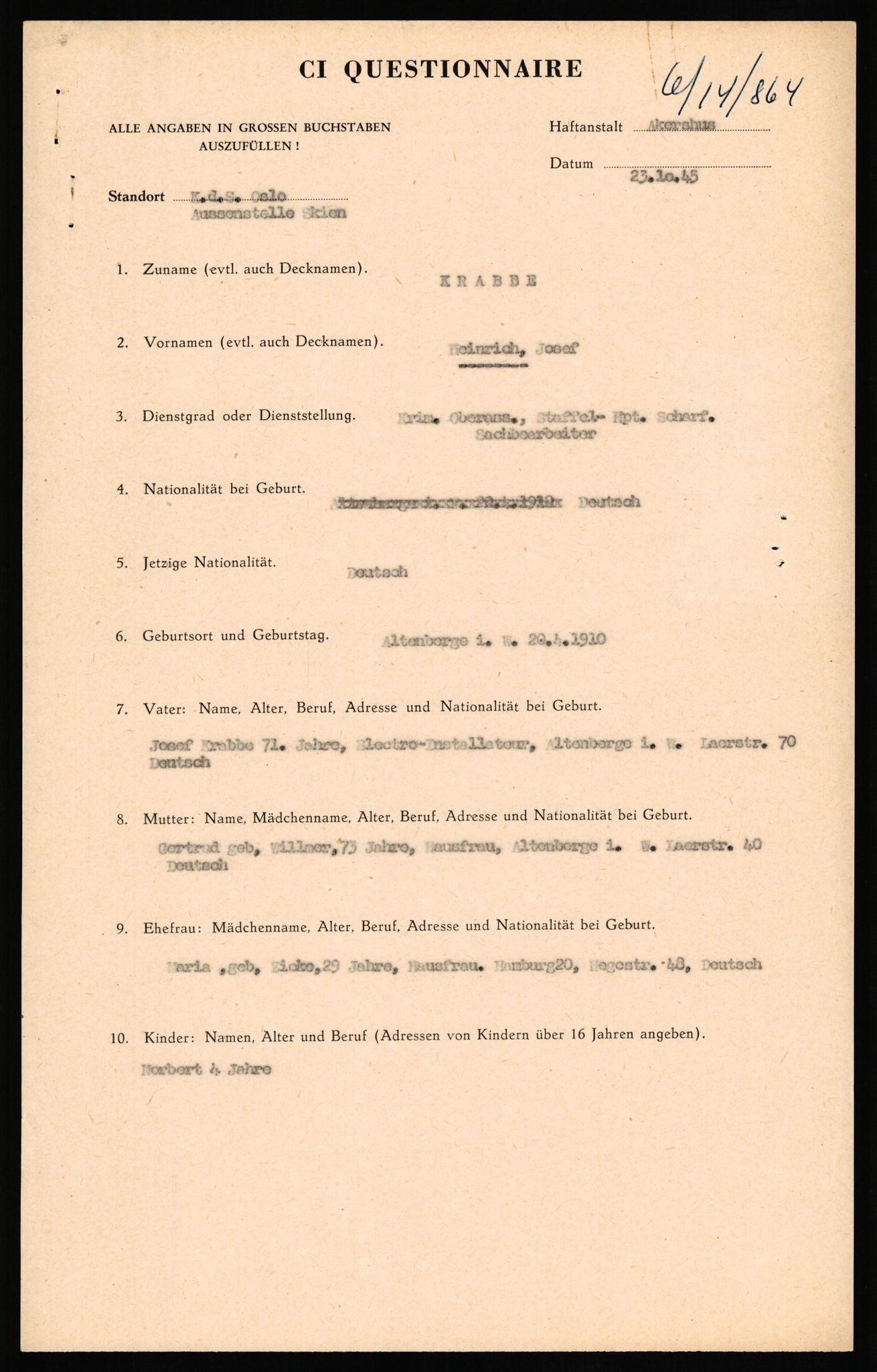 Forsvaret, Forsvarets overkommando II, AV/RA-RAFA-3915/D/Db/L0018: CI Questionaires. Tyske okkupasjonsstyrker i Norge. Tyskere., 1945-1946, p. 3