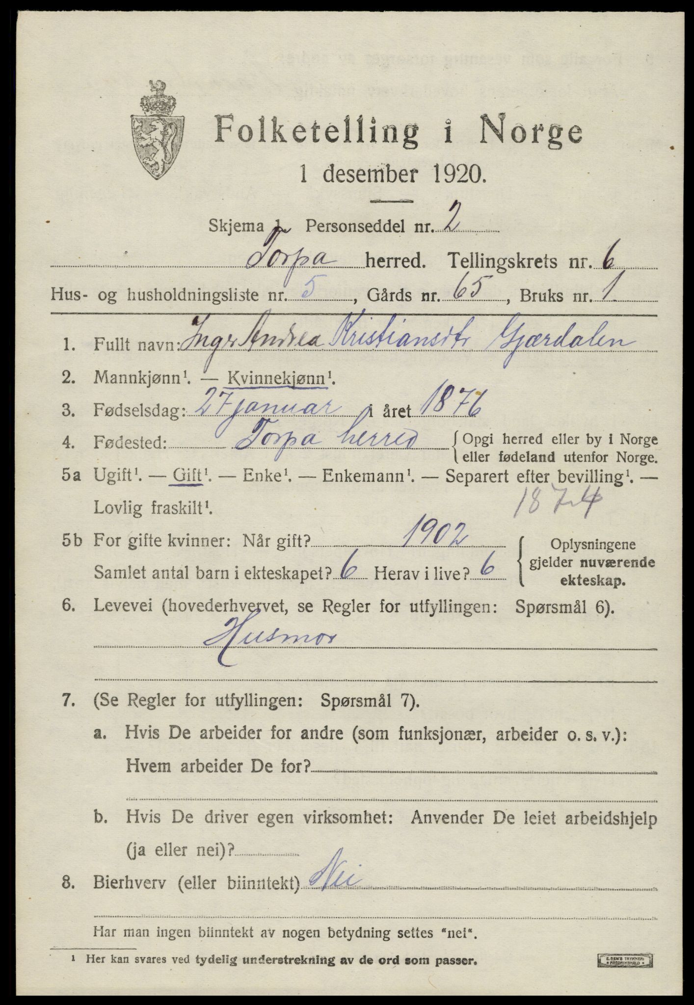 SAH, 1920 census for Torpa, 1920, p. 4023