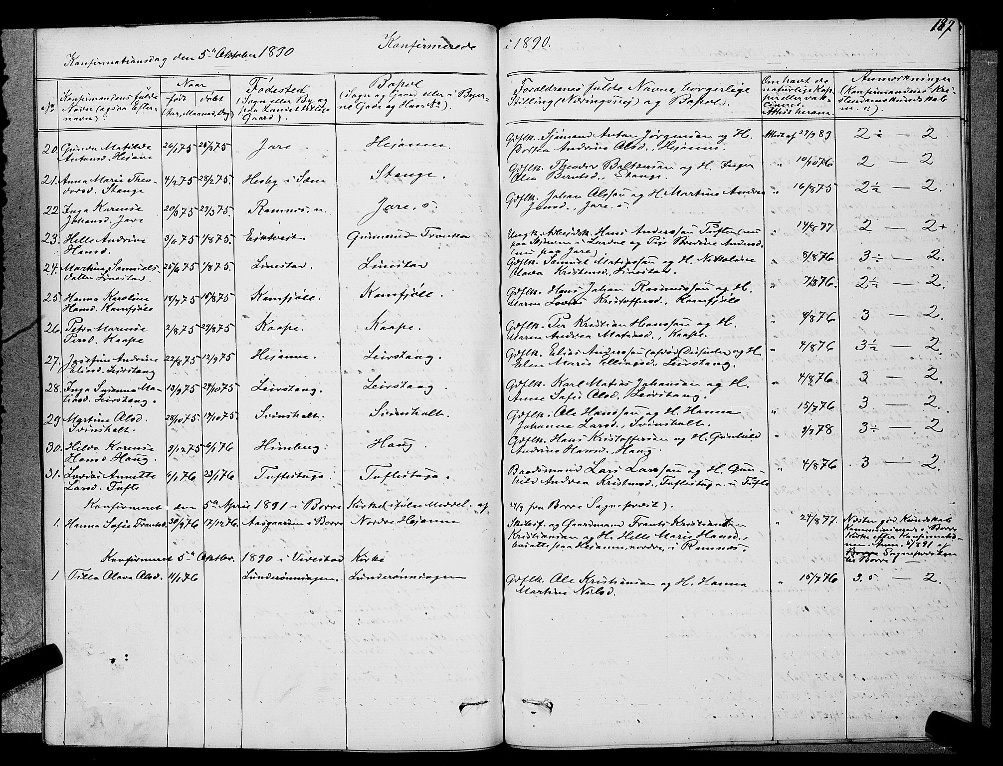 Ramnes kirkebøker, AV/SAKO-A-314/G/Ga/L0003: Parish register (copy) no. I 3, 1870-1896, p. 187