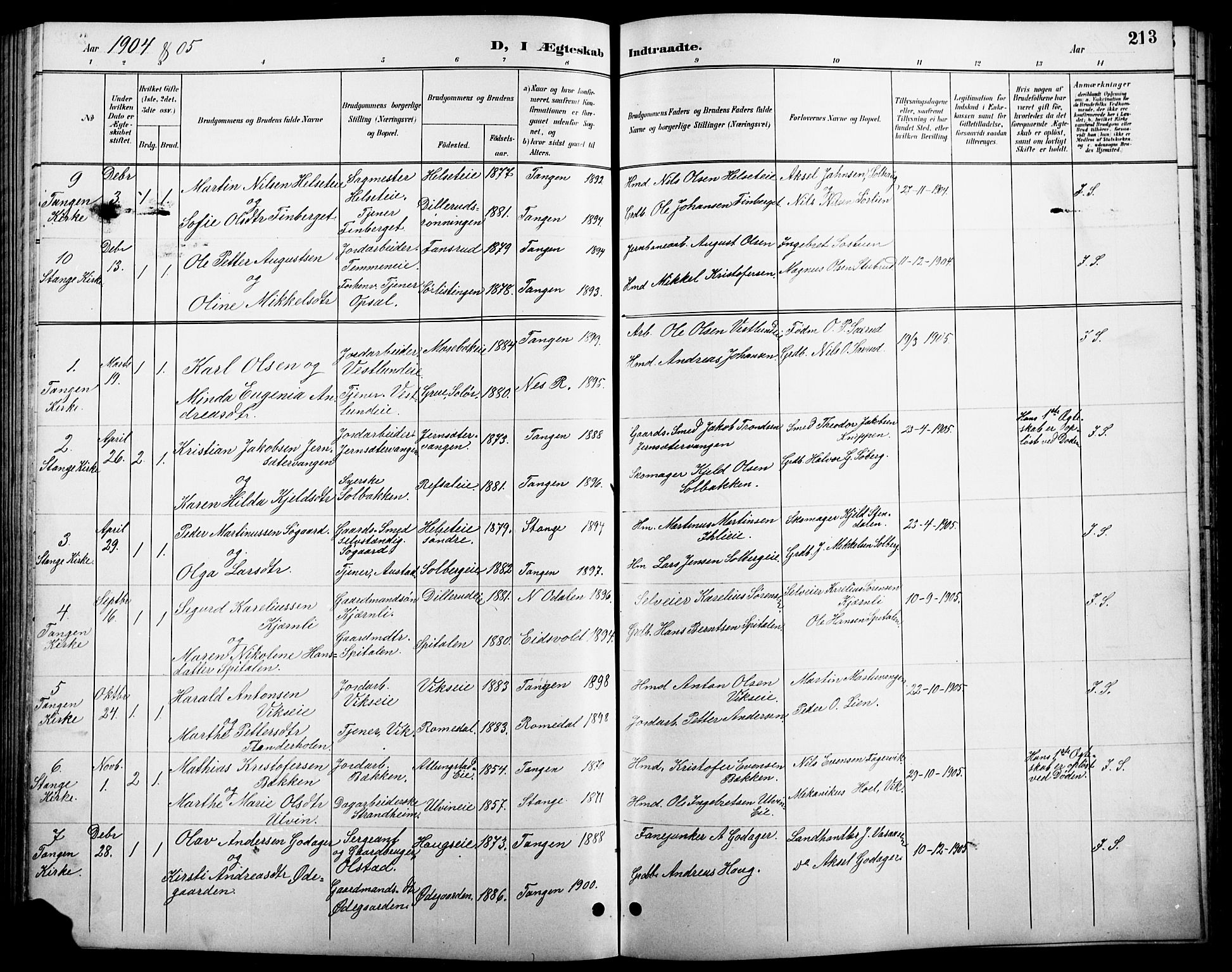 Stange prestekontor, AV/SAH-PREST-002/L/L0011: Parish register (copy) no. 11, 1895-1917, p. 213