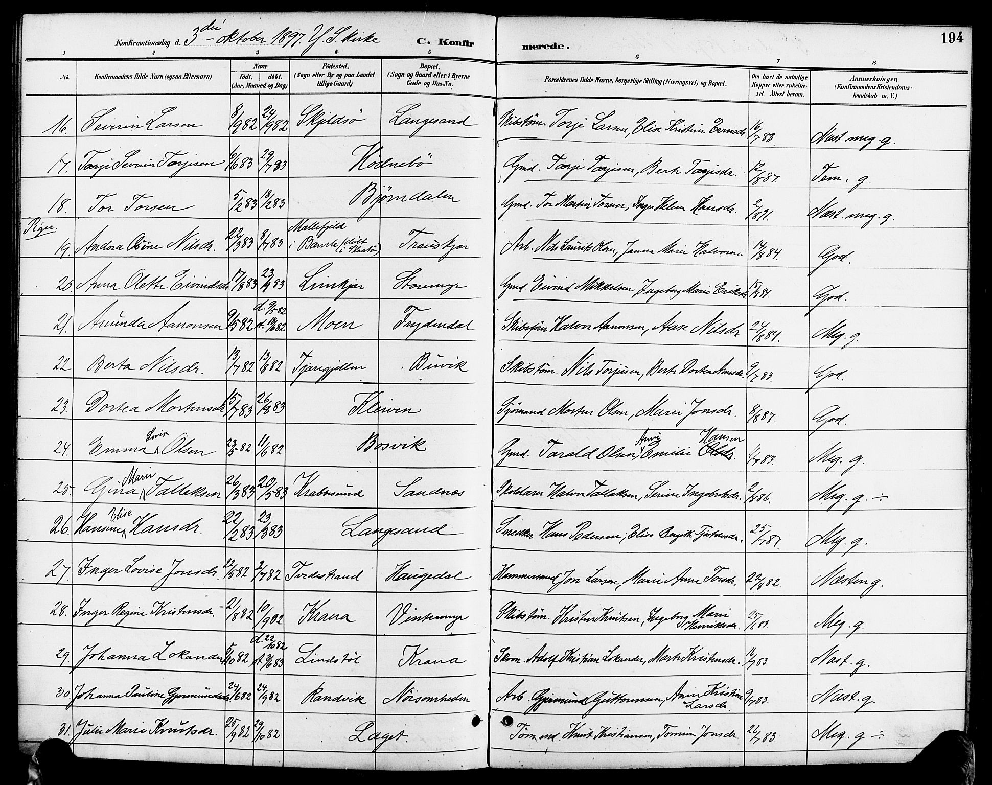 Søndeled sokneprestkontor, AV/SAK-1111-0038/F/Fa/L0005: Parish register (official) no. A 5, 1889-1899, p. 194