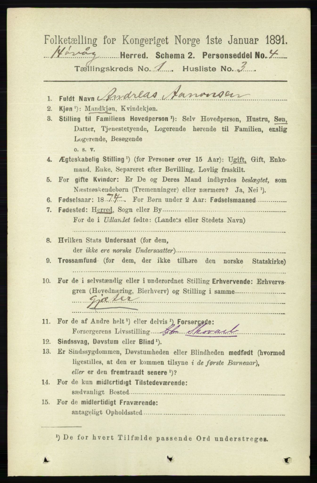 RA, 1891 census for 0927 Høvåg, 1891, p. 100