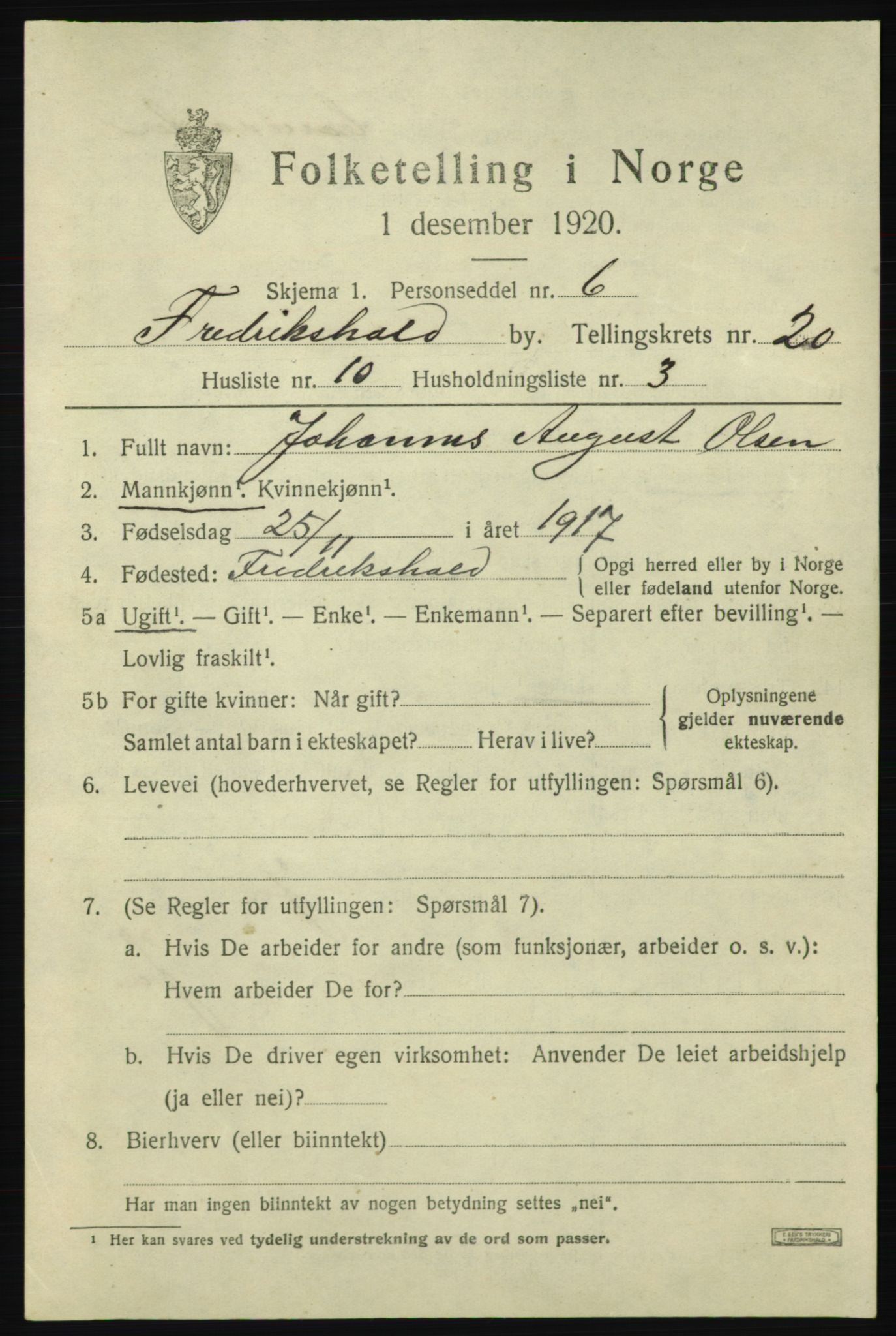 SAO, 1920 census for Fredrikshald, 1920, p. 29393