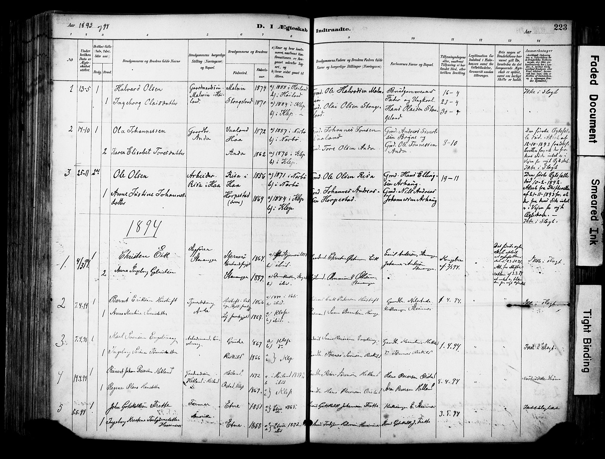 Klepp sokneprestkontor, AV/SAST-A-101803/001/3/30BA/L0009: Parish register (official) no. A 7, 1886-1915, p. 223