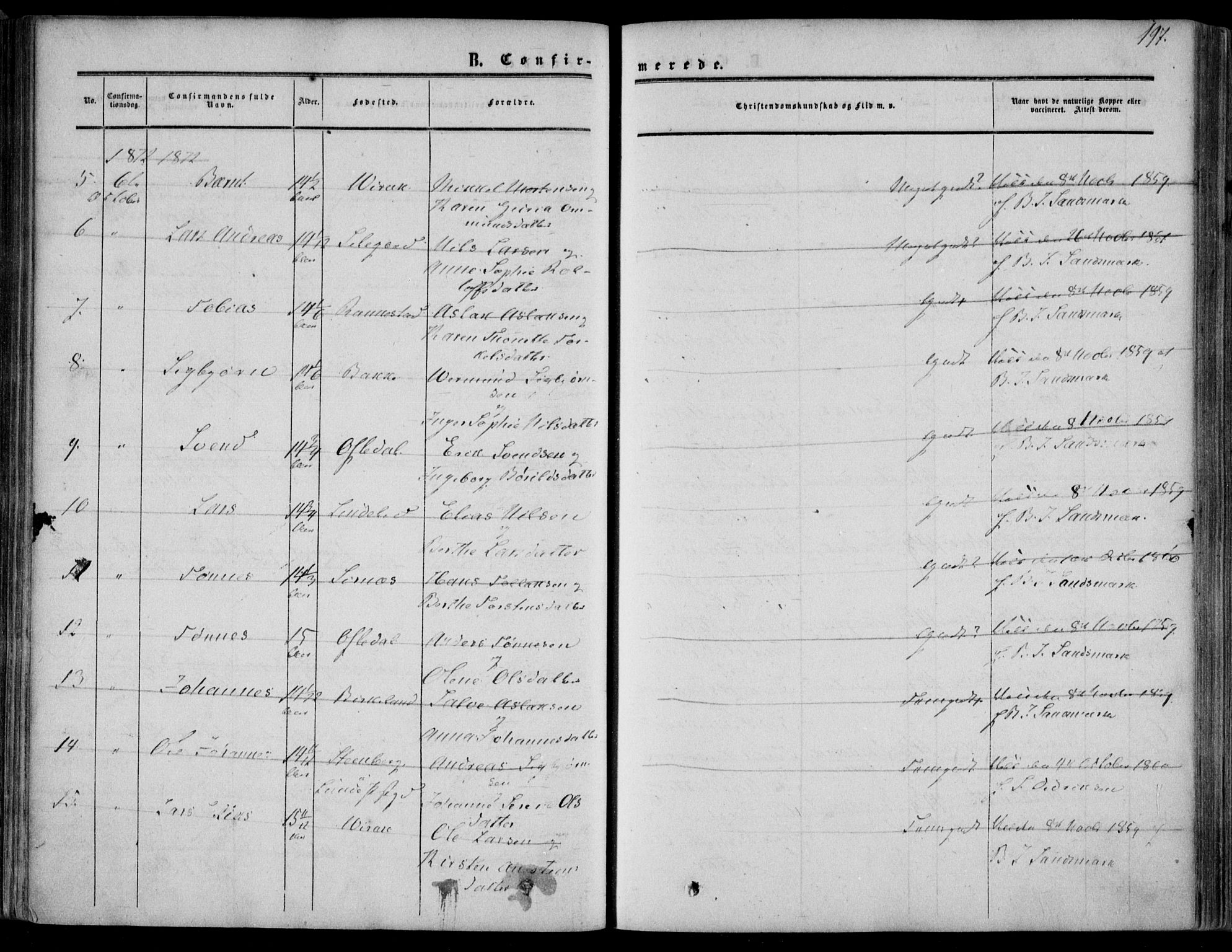 Bakke sokneprestkontor, AV/SAK-1111-0002/F/Fa/Faa/L0006: Parish register (official) no. A 6, 1855-1877, p. 197