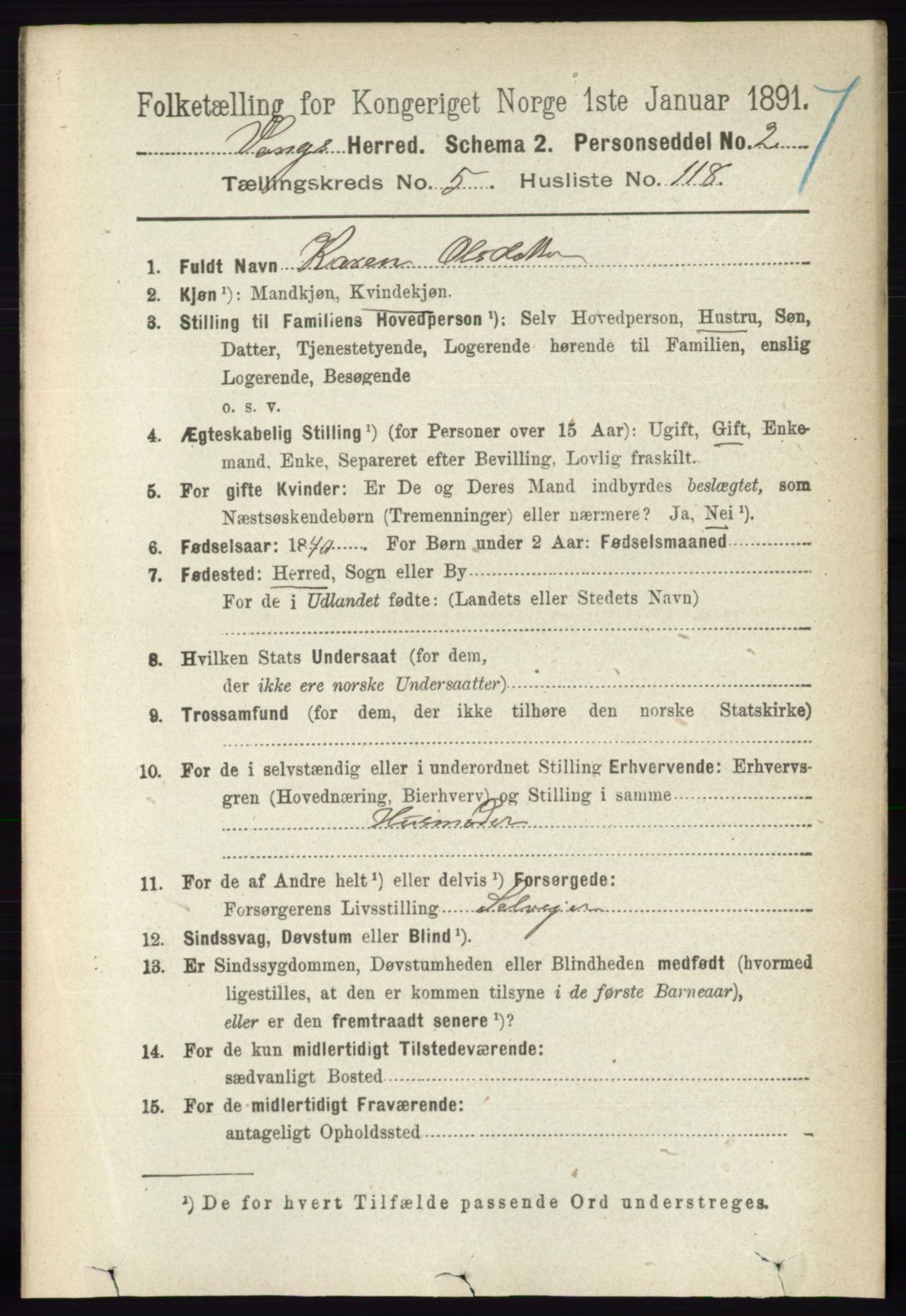 RA, 1891 census for 0414 Vang, 1891, p. 4144