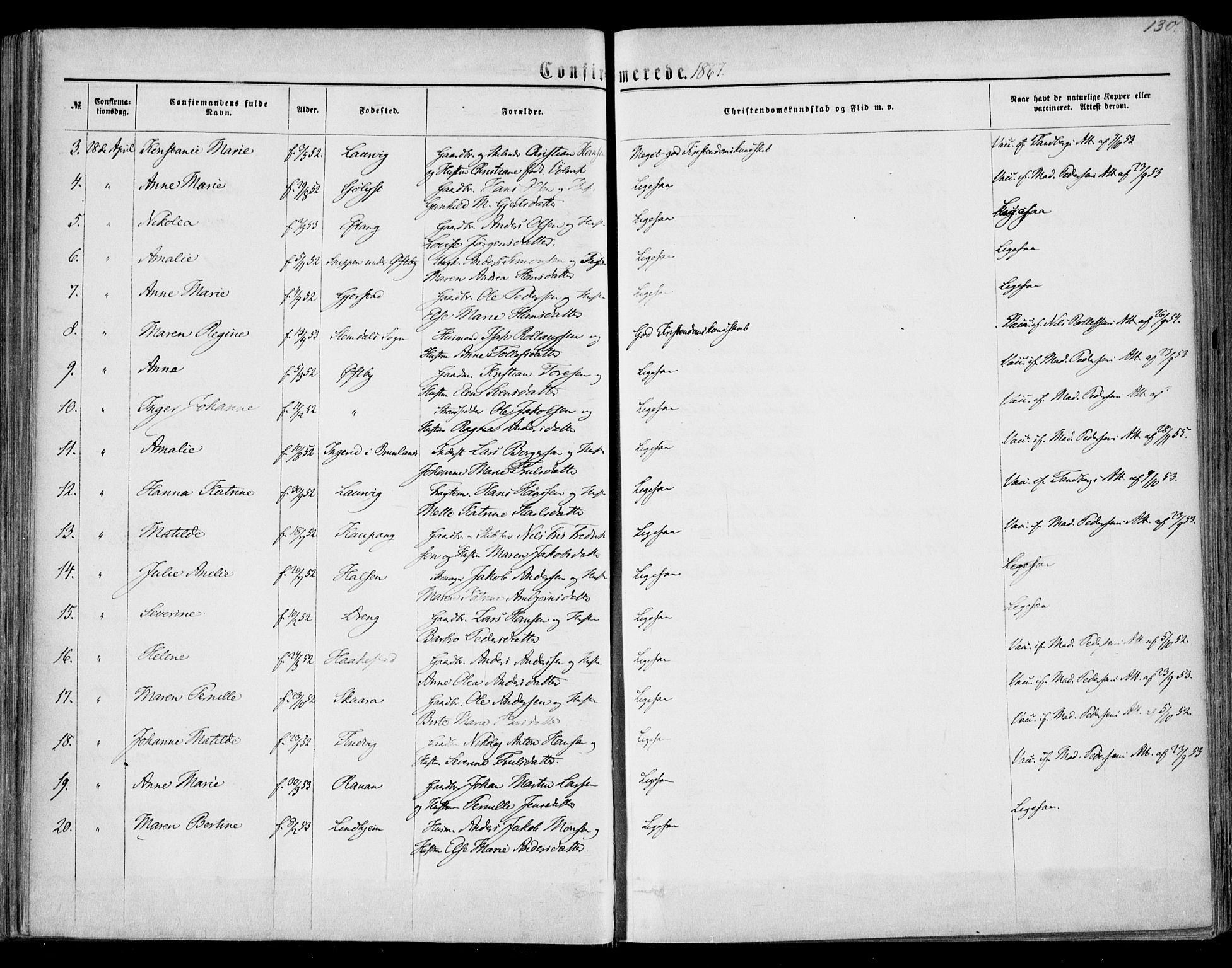 Tjølling kirkebøker, SAKO/A-60/F/Fa/L0007: Parish register (official) no. 7, 1860-1876, p. 130