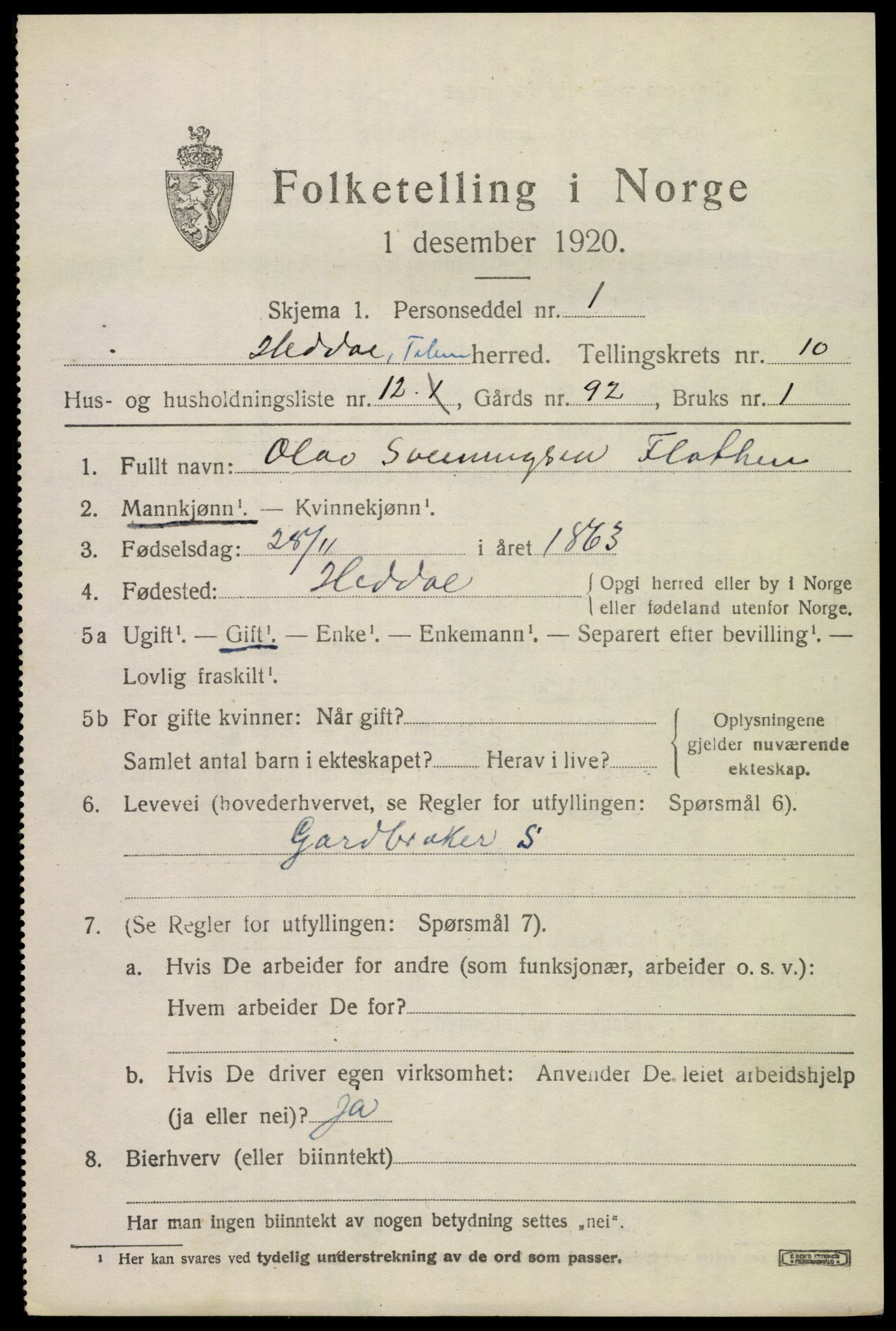 SAKO, 1920 census for Heddal, 1920, p. 7150