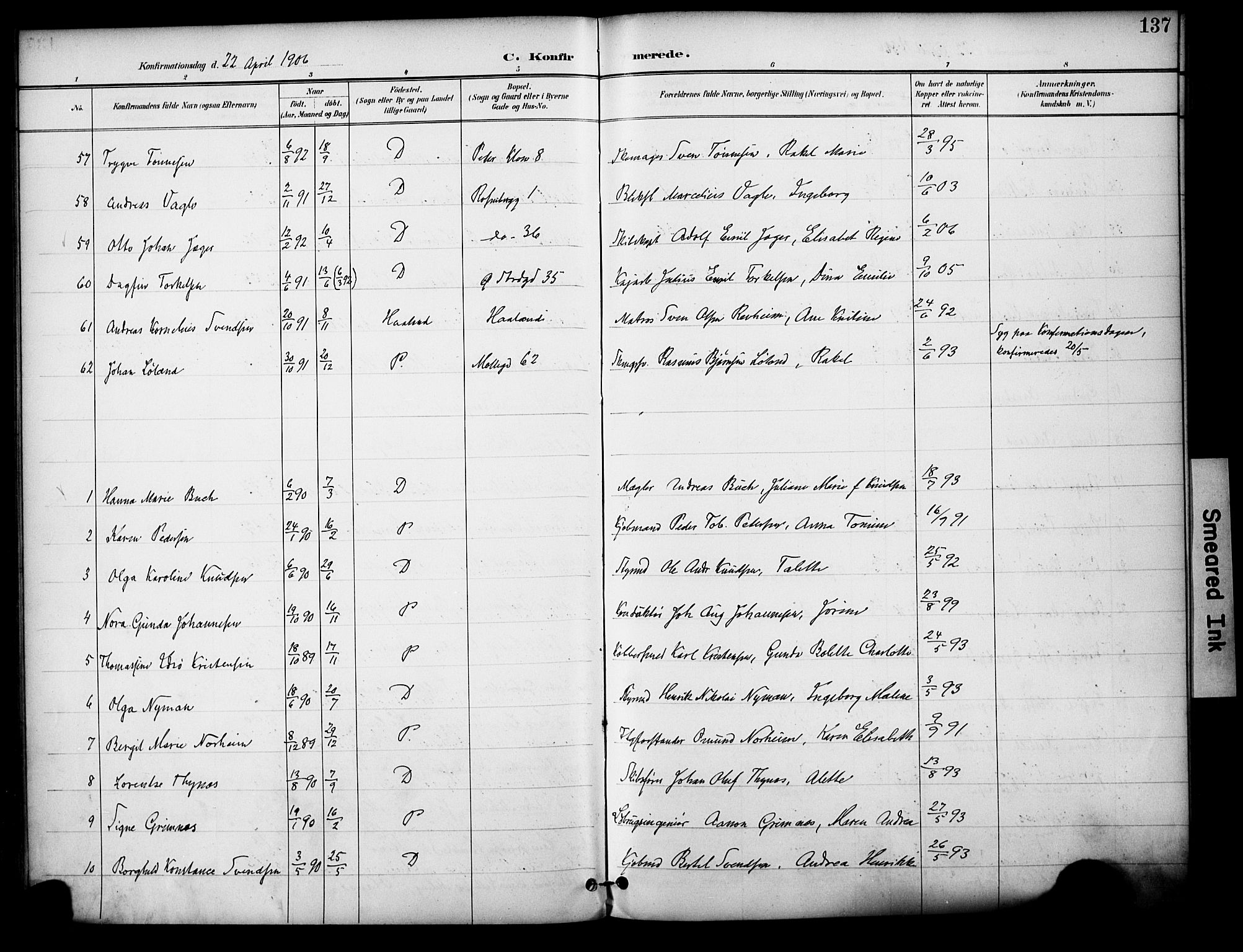 Domkirken sokneprestkontor, AV/SAST-A-101812/001/30/30BA/L0031: Parish register (official) no. A 30, 1896-1916, p. 137