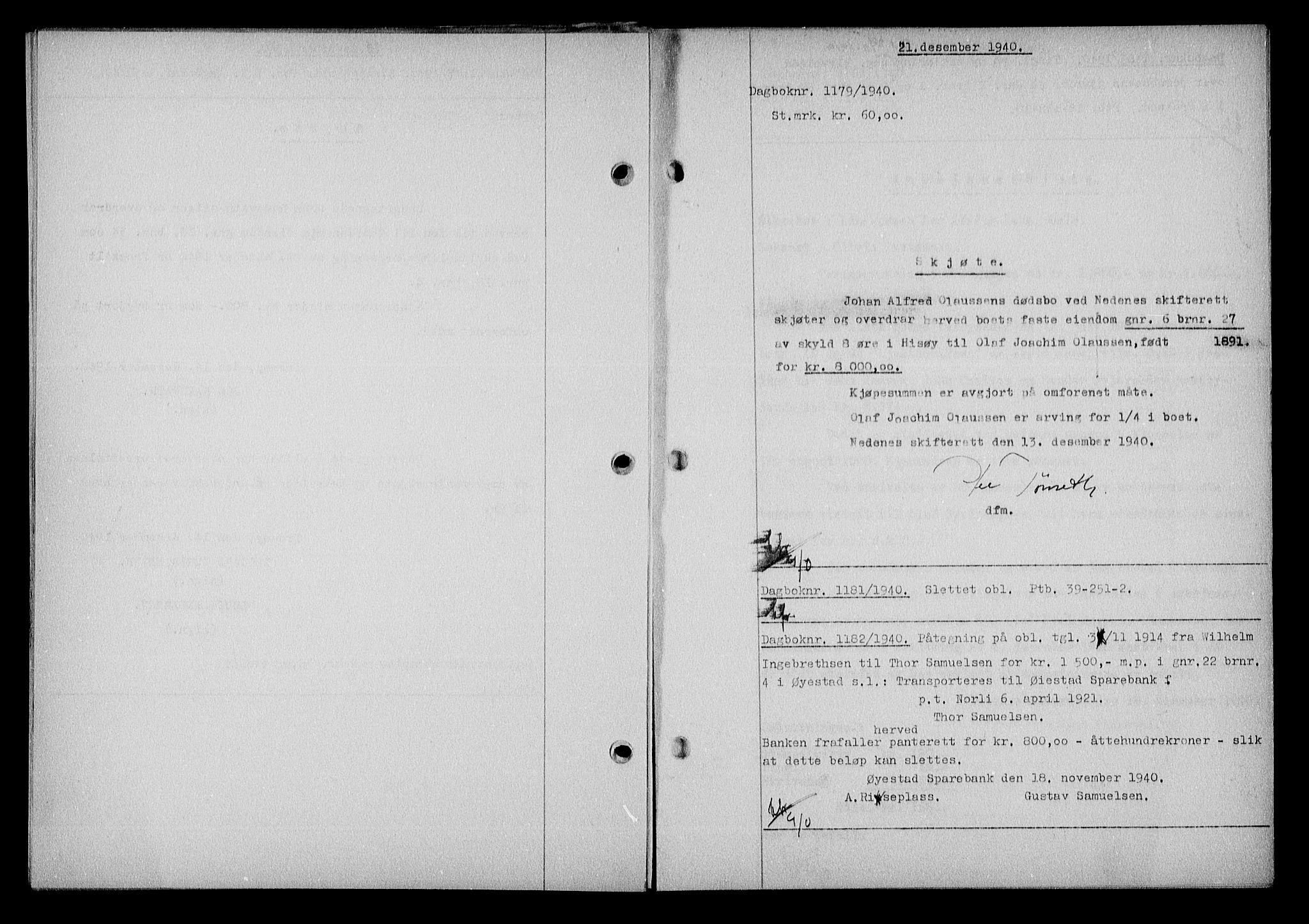 Nedenes sorenskriveri, SAK/1221-0006/G/Gb/Gba/L0048: Mortgage book no. A-II, 1940-1941, Diary no: : 1179/1940