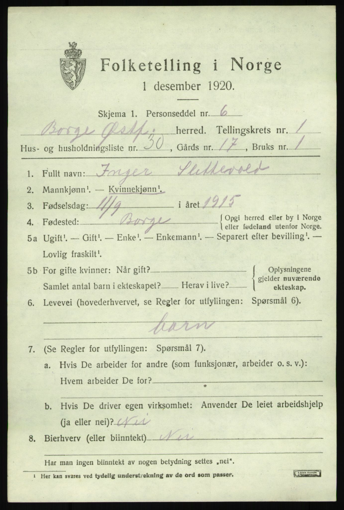 SAO, 1920 census for Borge, 1920, p. 2229