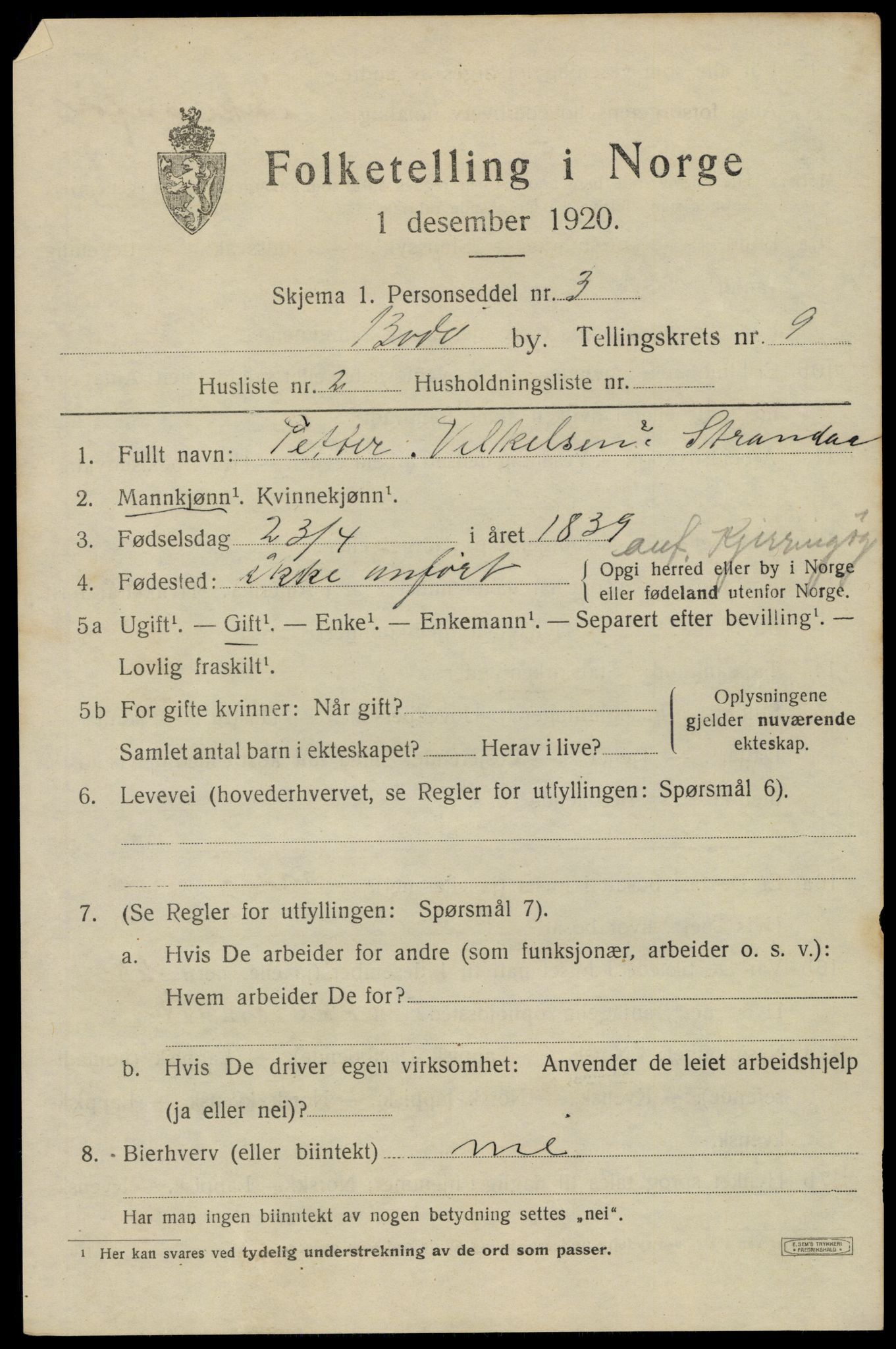 SAT, 1920 census for Bodø, 1920, p. 12837