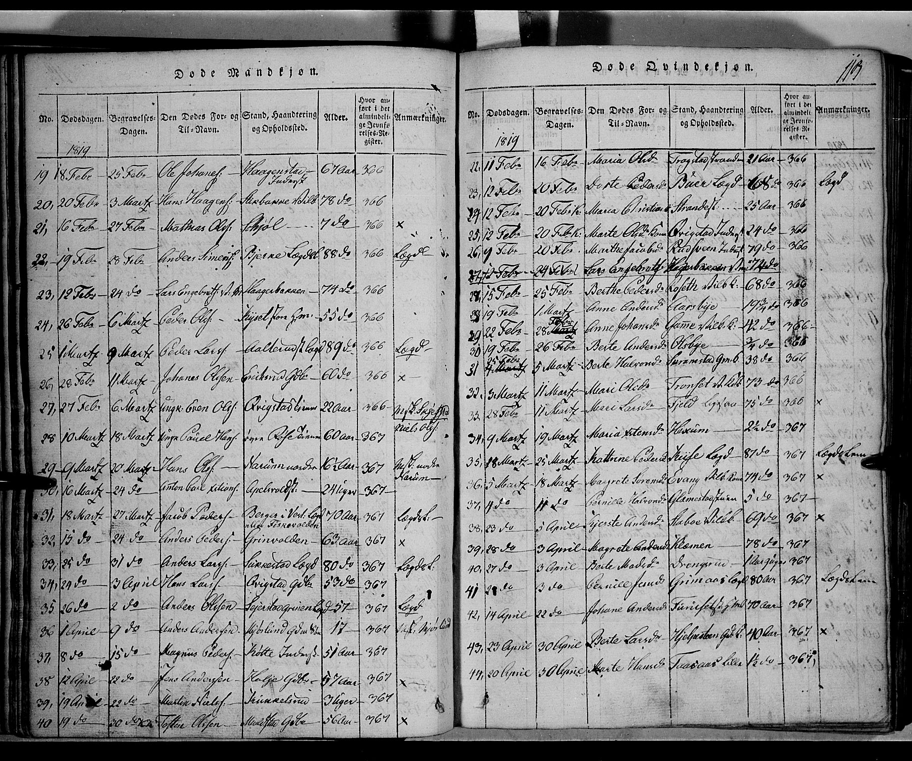Toten prestekontor, SAH/PREST-102/H/Ha/Hab/L0001: Parish register (copy) no. 1, 1814-1820, p. 113