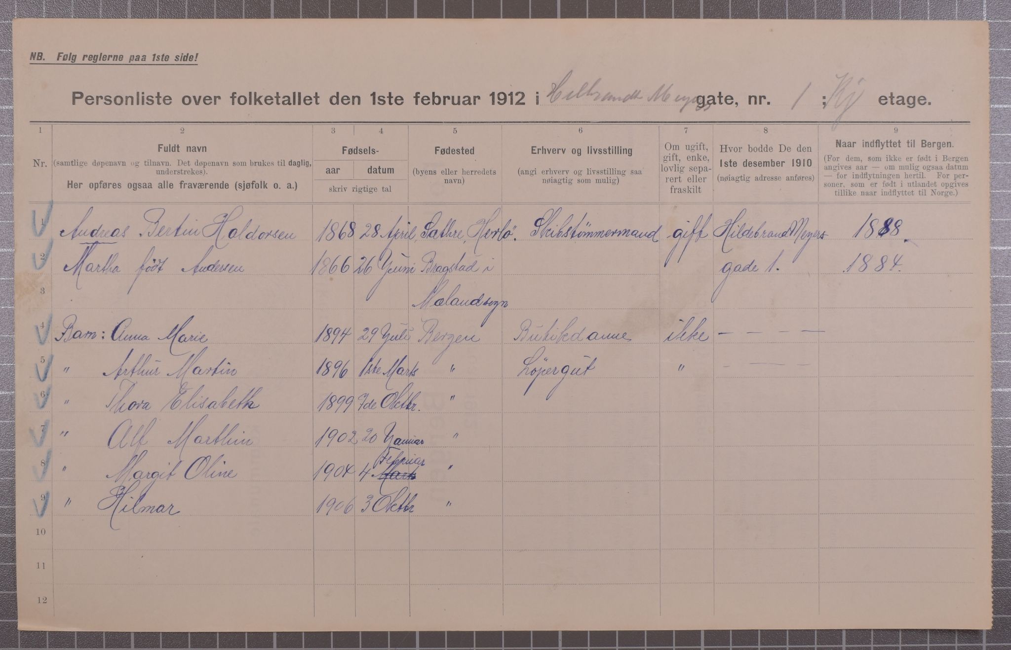 SAB, Municipal Census 1912 for Bergen, 1912, p. 3037