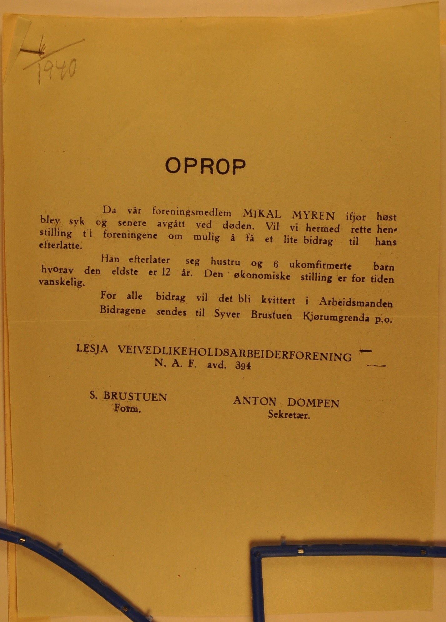 Hadeland Veiarbeiderforening, OARM/H-A-00304/D/Da/L0001/0010: Sakspapirer / Sakspapirer, 1940