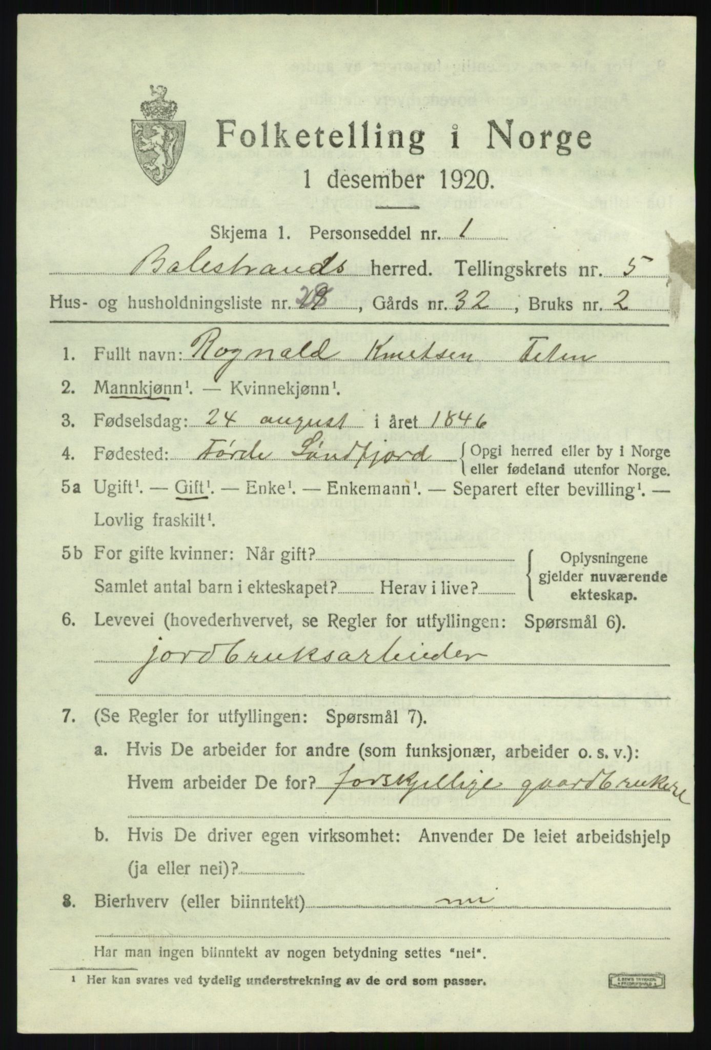 SAB, 1920 census for Balestrand, 1920, p. 2852
