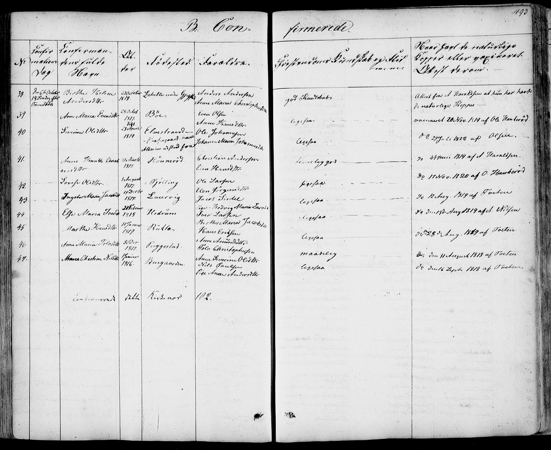 Sandar kirkebøker, AV/SAKO-A-243/F/Fa/L0005: Parish register (official) no. 5, 1832-1847, p. 492-493