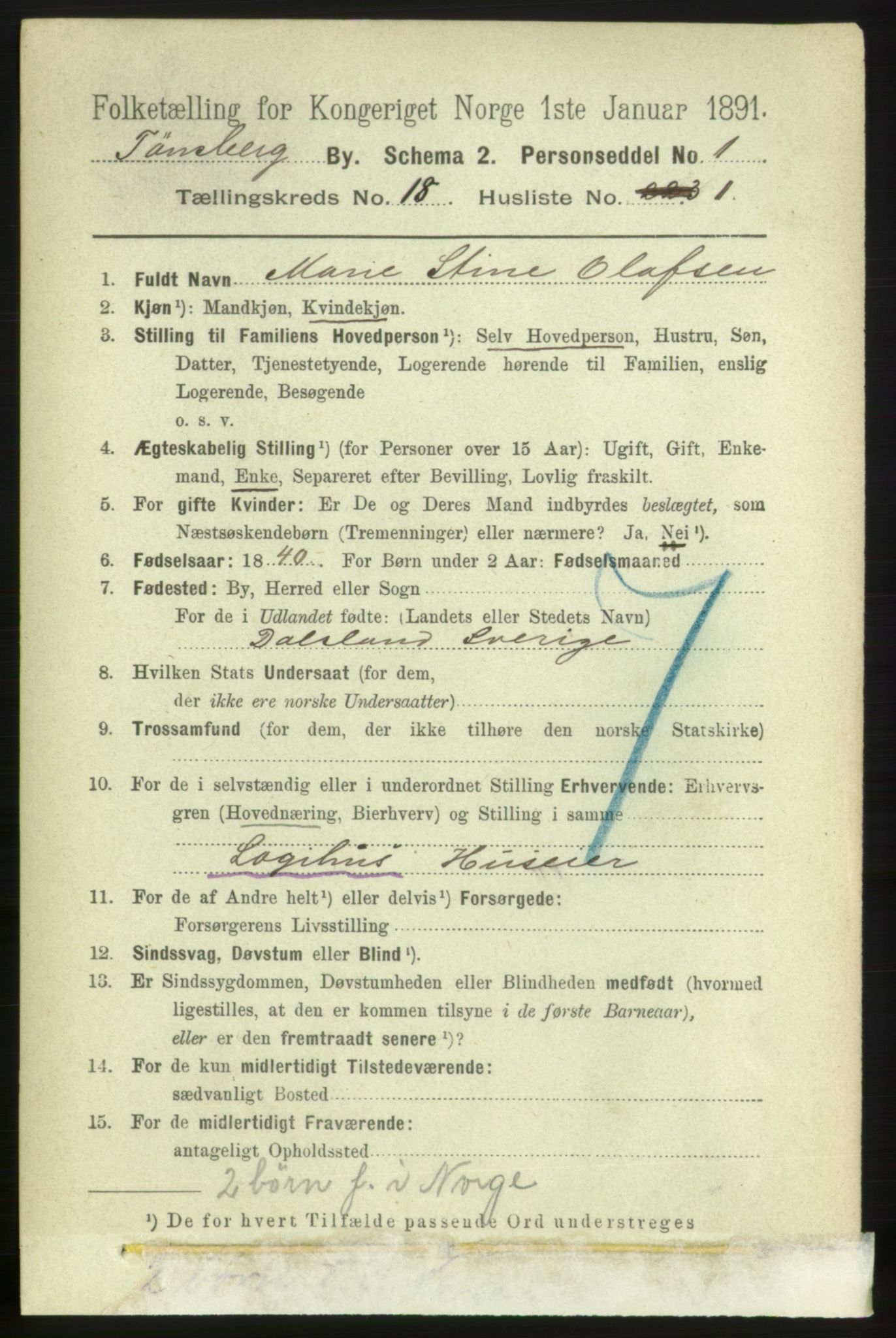 RA, 1891 census for 0705 Tønsberg, 1891, p. 5101