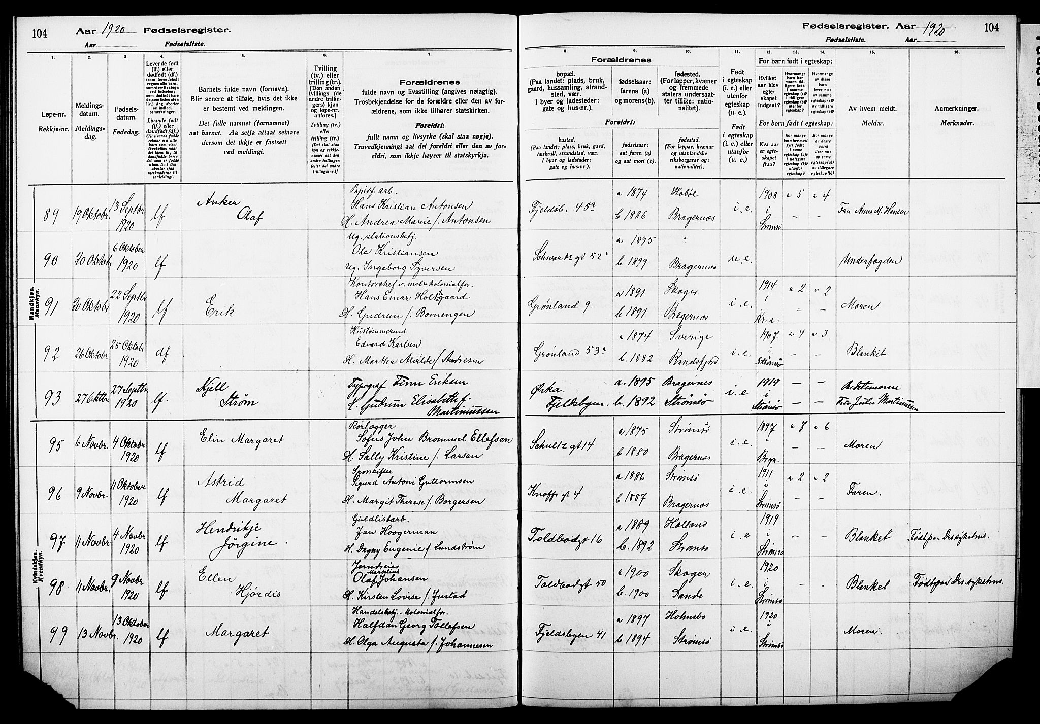 Strømsø kirkebøker, AV/SAKO-A-246/J/Ja/L0001: Birth register no. I 1, 1916-1925, p. 104