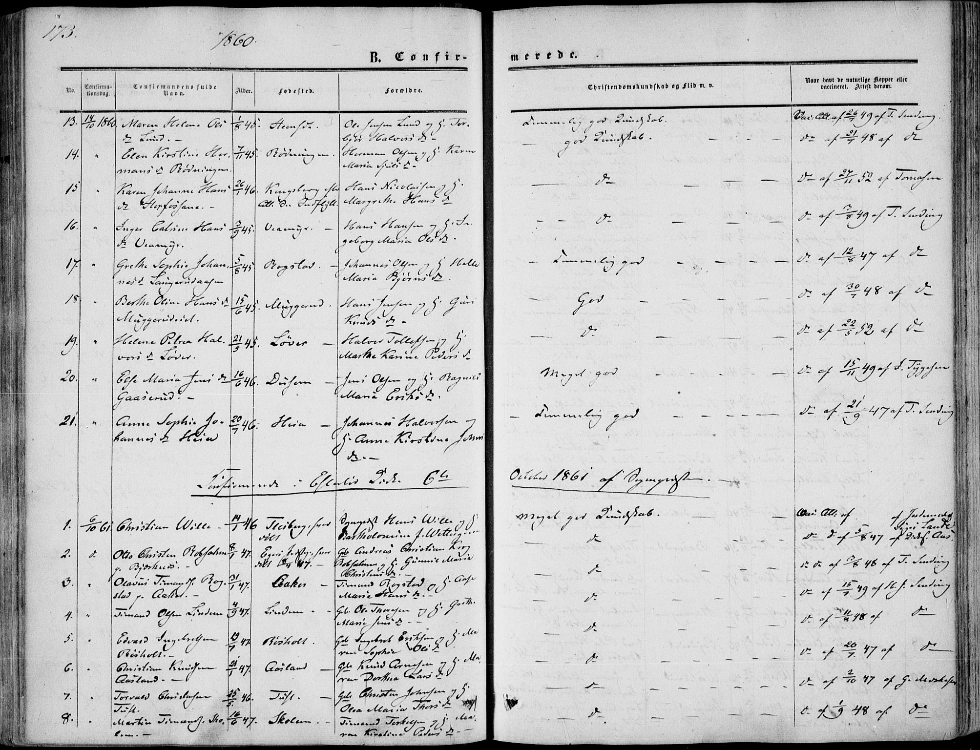 Sandsvær kirkebøker, SAKO/A-244/F/Fa/L0006: Parish register (official) no. I 6, 1857-1868, p. 173