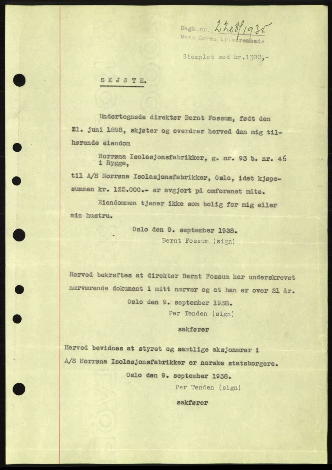 Moss sorenskriveri, SAO/A-10168: Mortgage book no. A5, 1938-1939, Diary no: : 2208/1938