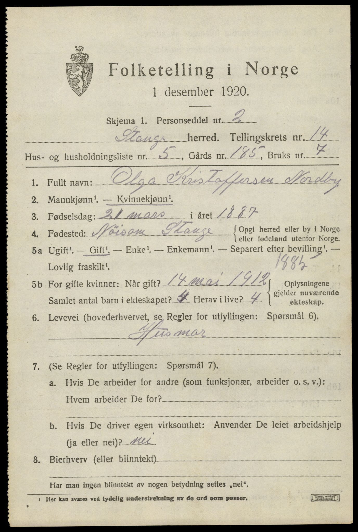 SAH, 1920 census for Stange, 1920, p. 19795