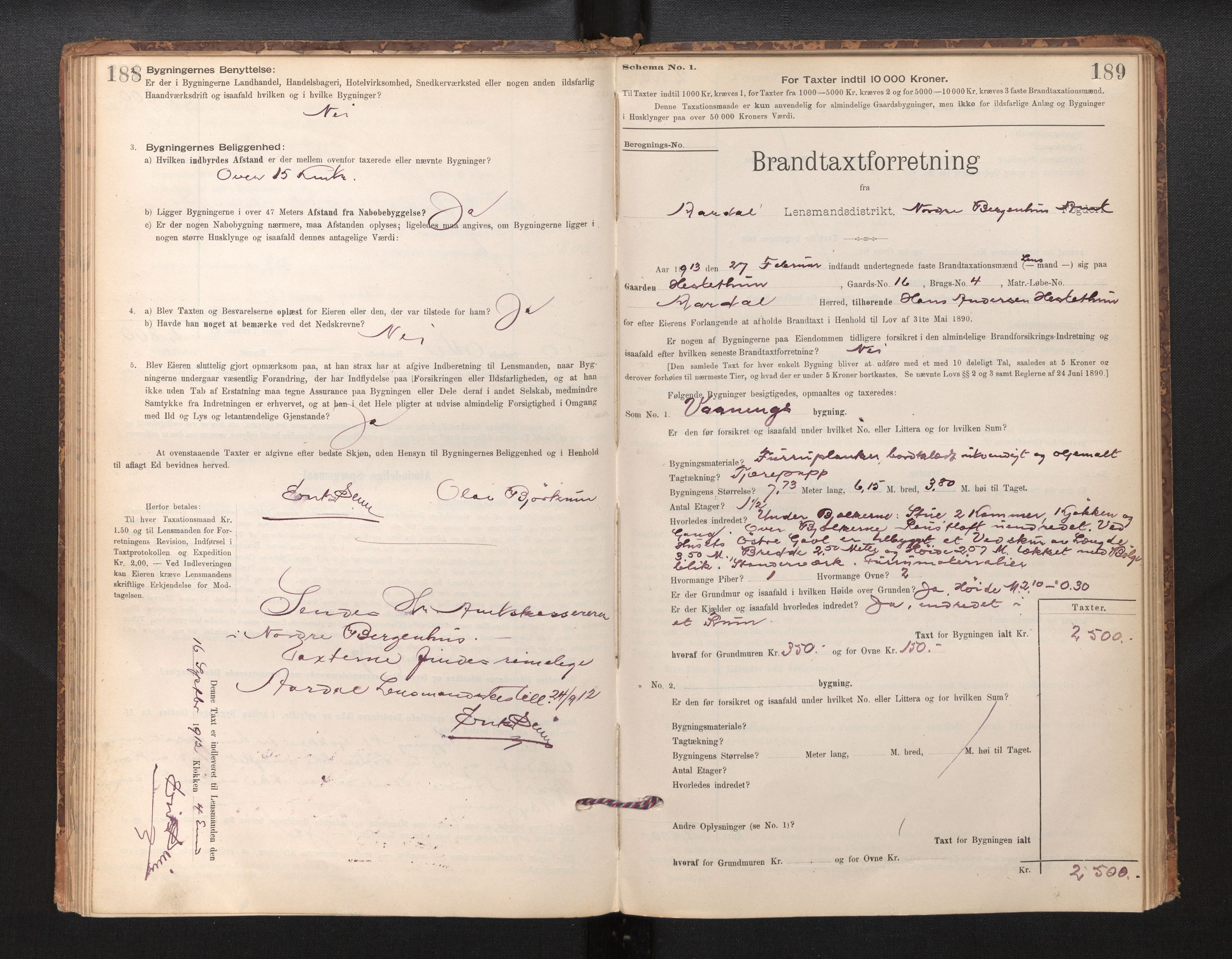 Lensmannen i Årdal, SAB/A-30501/0012/L0008: Branntakstprotokoll, skjematakst, 1895-1915, p. 188-189