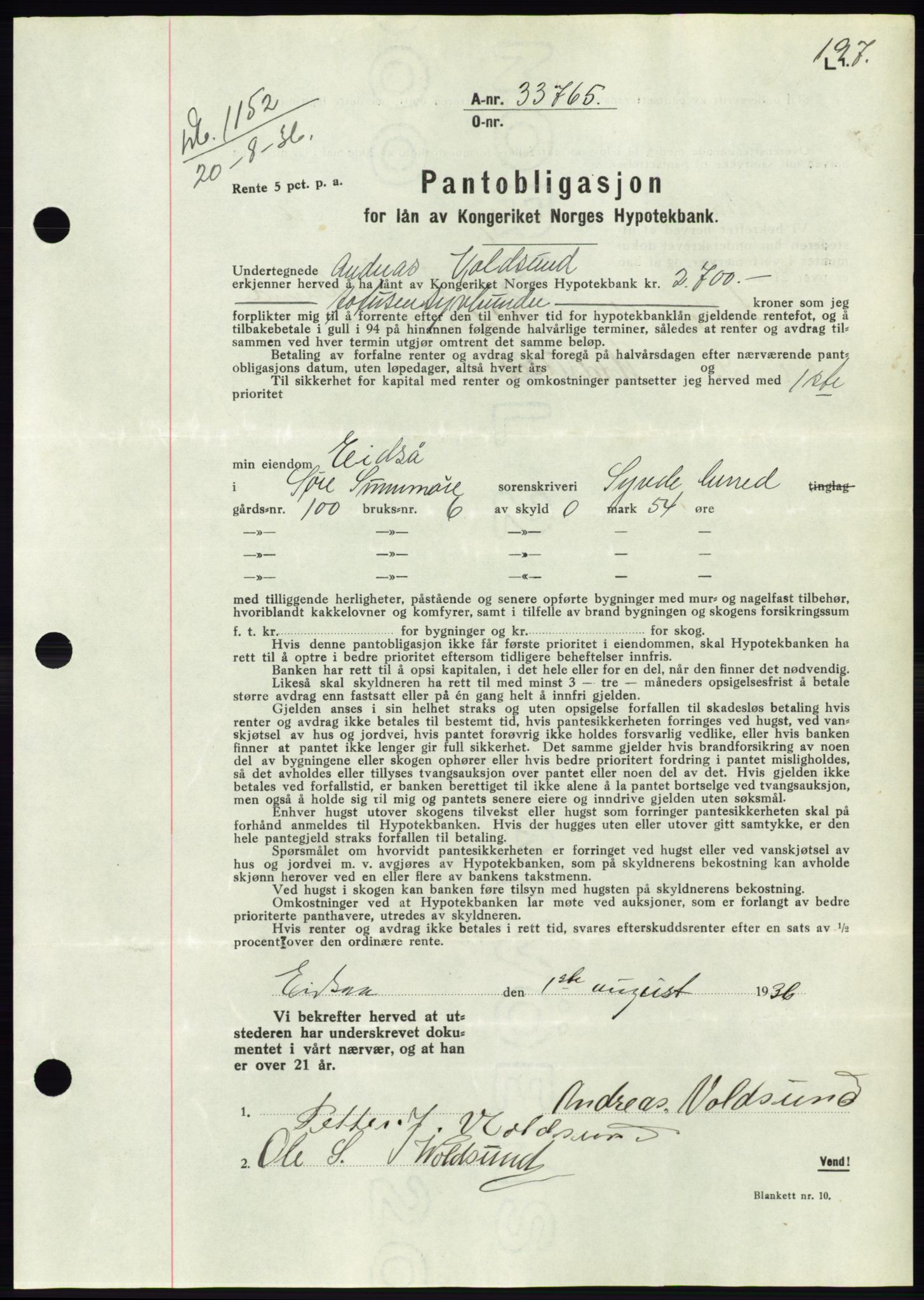 Søre Sunnmøre sorenskriveri, AV/SAT-A-4122/1/2/2C/L0061: Mortgage book no. 55, 1936-1936, Diary no: : 1152/1936