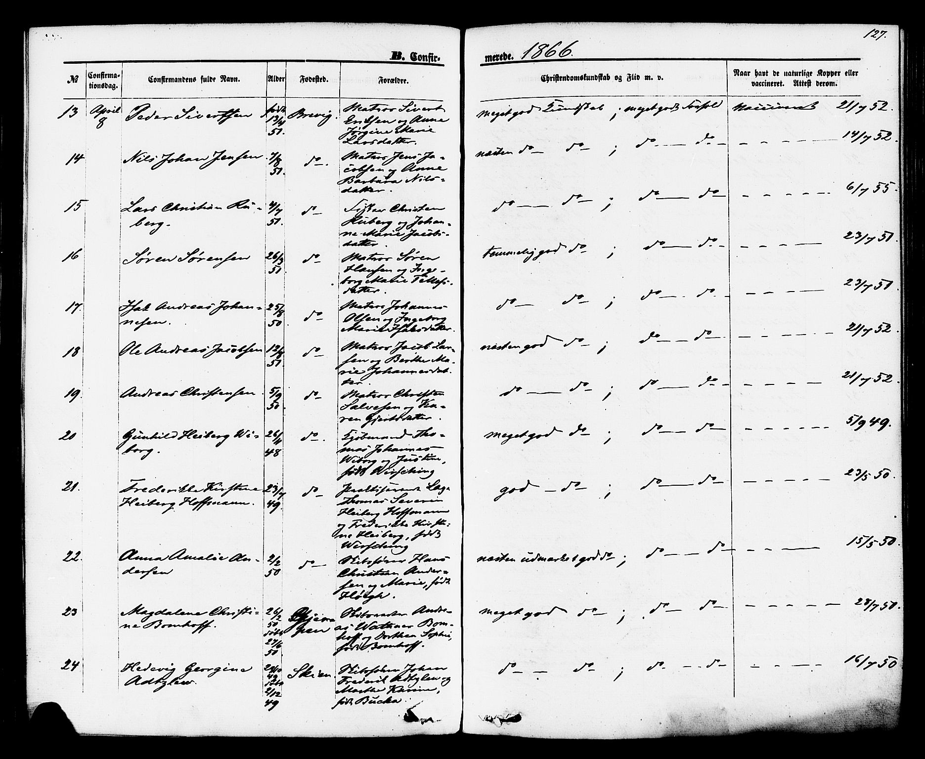 Brevik kirkebøker, SAKO/A-255/F/Fa/L0006: Parish register (official) no. 6, 1866-1881, p. 127