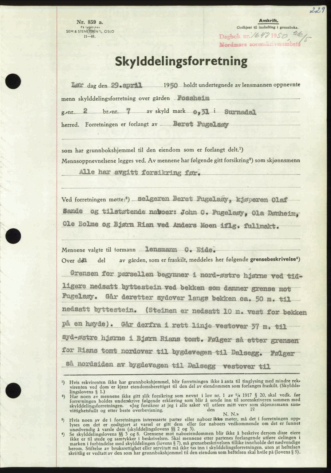 Nordmøre sorenskriveri, AV/SAT-A-4132/1/2/2Ca: Mortgage book no. A115, 1950-1950, Diary no: : 1643/1950