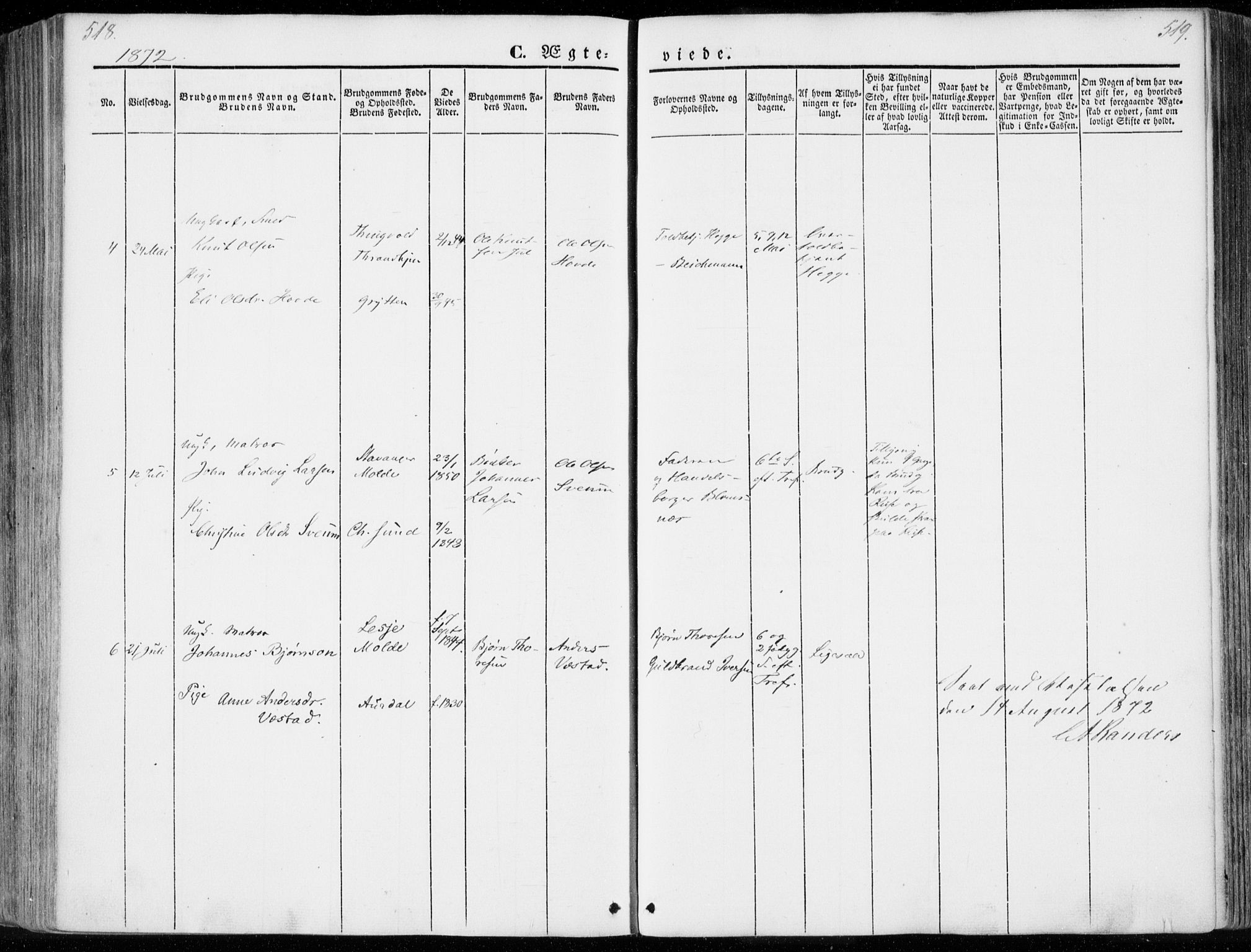 Ministerialprotokoller, klokkerbøker og fødselsregistre - Møre og Romsdal, SAT/A-1454/558/L0689: Parish register (official) no. 558A03, 1843-1872, p. 518-519