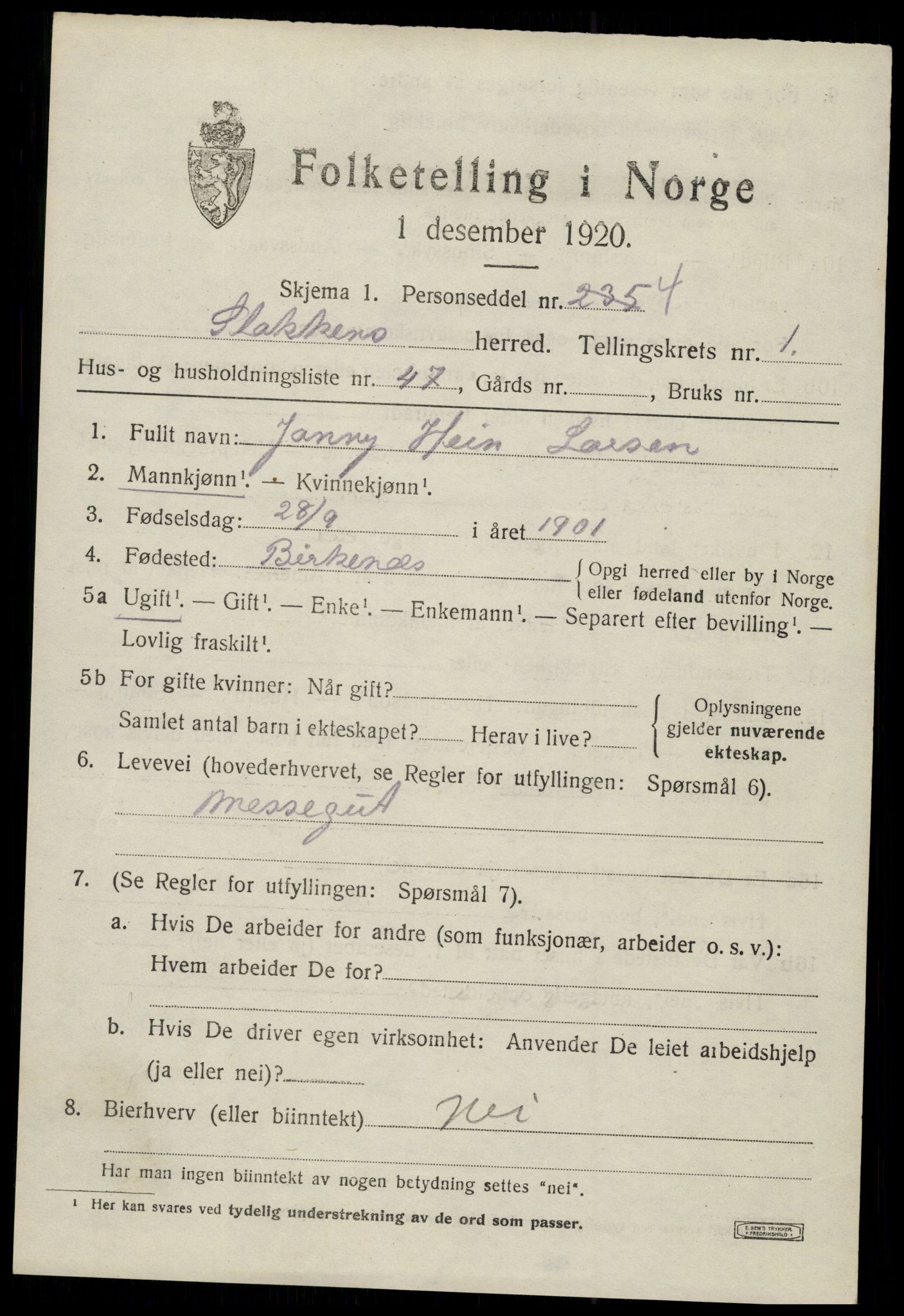 SAK, 1920 census for Stokken, 1920, p. 1038