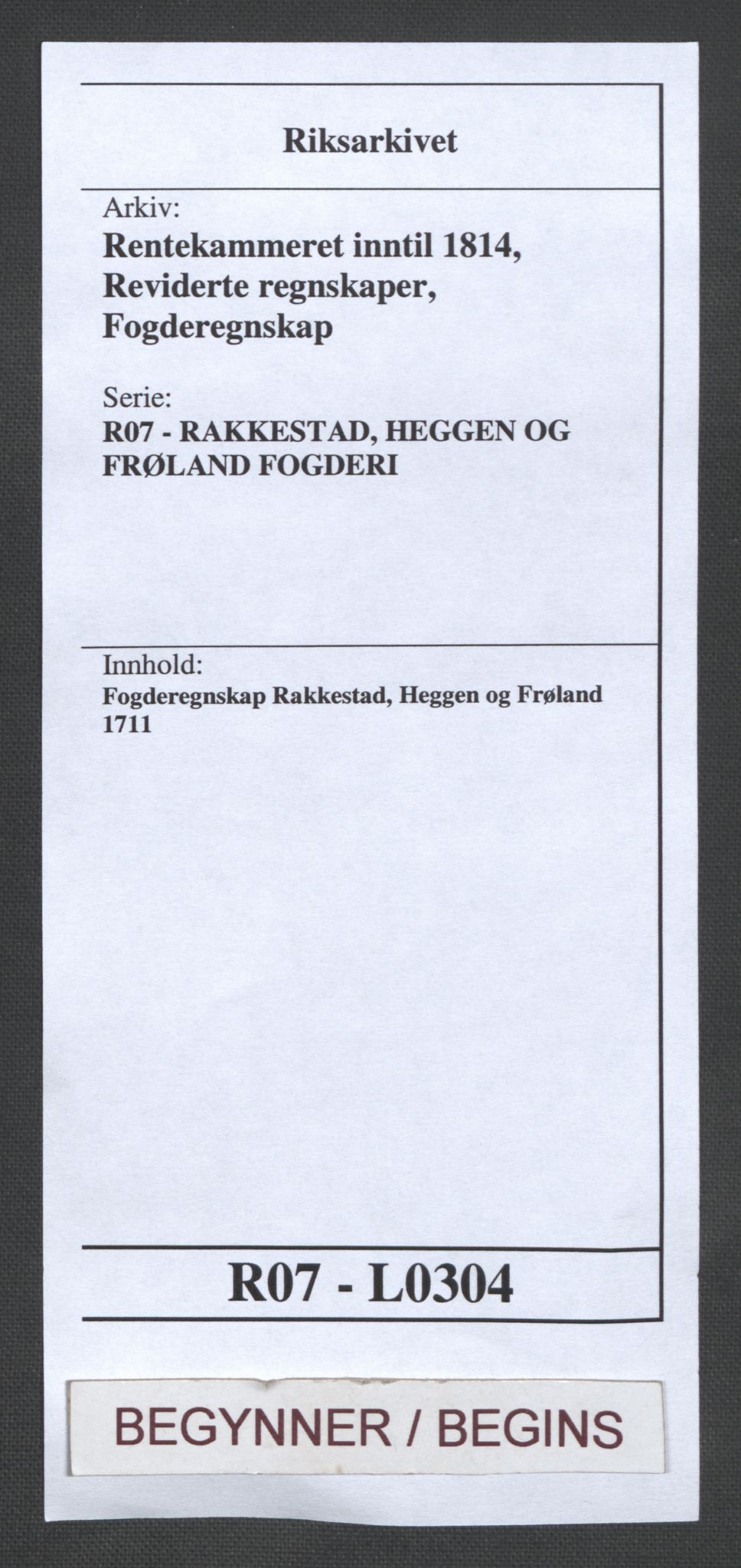 Rentekammeret inntil 1814, Reviderte regnskaper, Fogderegnskap, AV/RA-EA-4092/R07/L0304: Fogderegnskap Rakkestad, Heggen og Frøland, 1711, p. 1