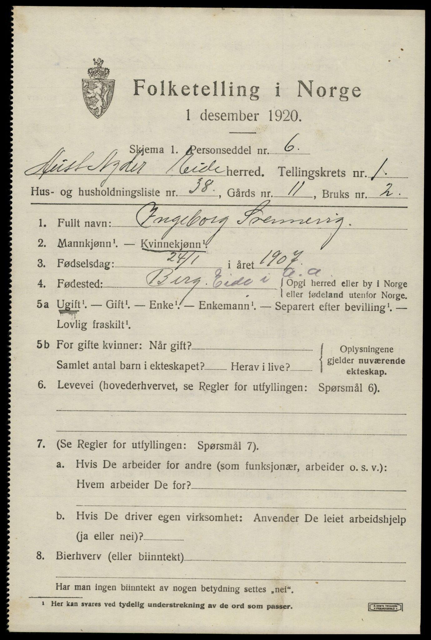 SAK, 1920 census for Eide, 1920, p. 656