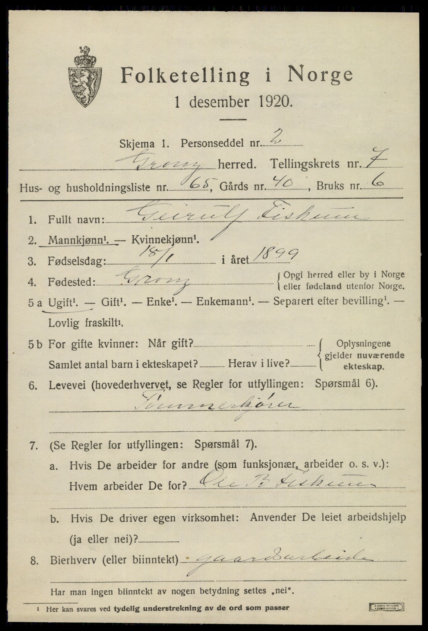 SAT, 1920 census for Grong, 1920, p. 4829