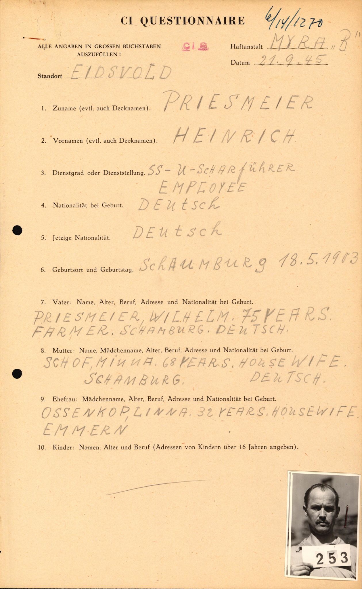 Forsvaret, Forsvarets overkommando II, AV/RA-RAFA-3915/D/Db/L0026: CI Questionaires. Tyske okkupasjonsstyrker i Norge. Tyskere., 1945-1946, p. 349