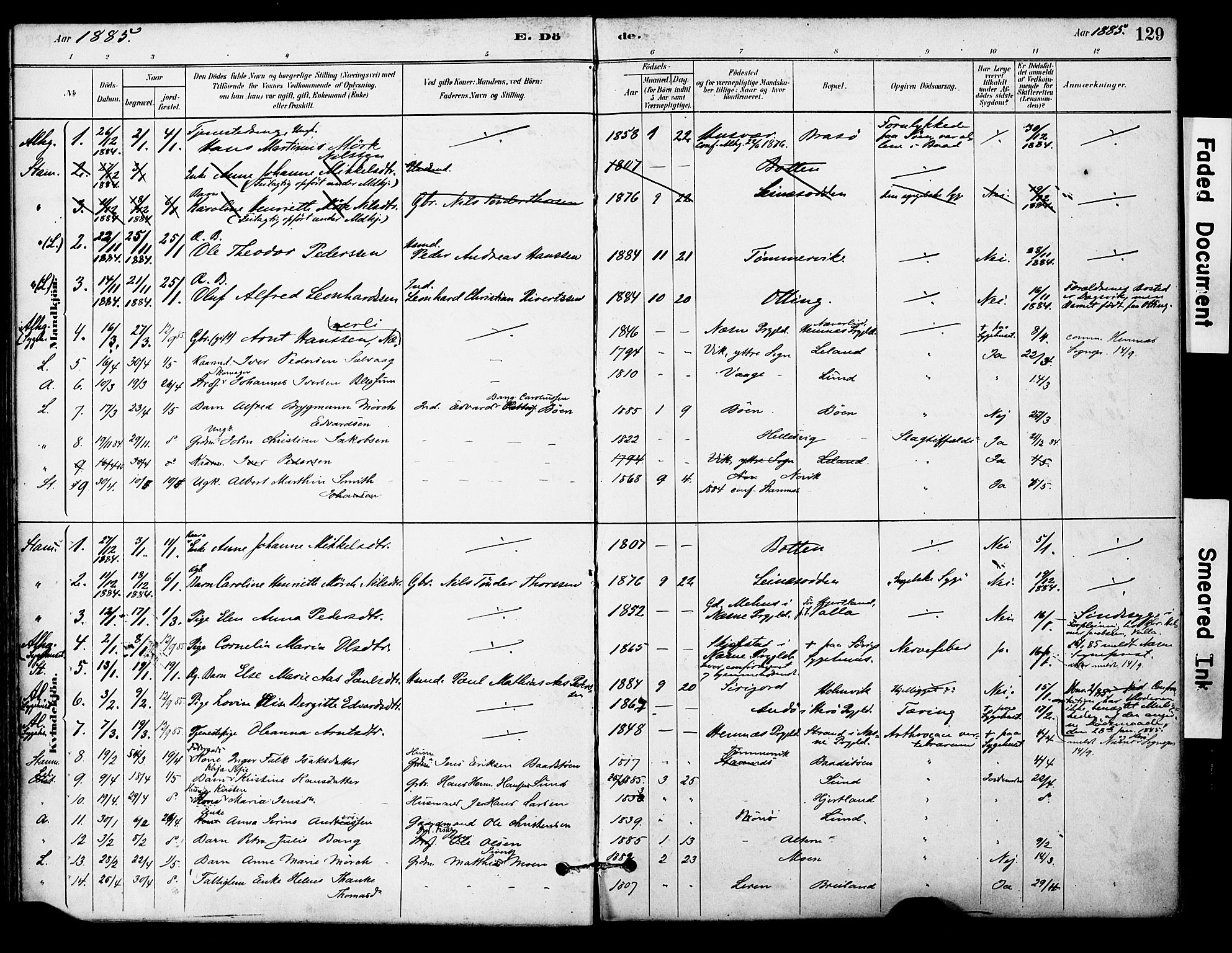 Ministerialprotokoller, klokkerbøker og fødselsregistre - Nordland, AV/SAT-A-1459/830/L0450: Parish register (official) no. 830A14, 1879-1896, p. 129