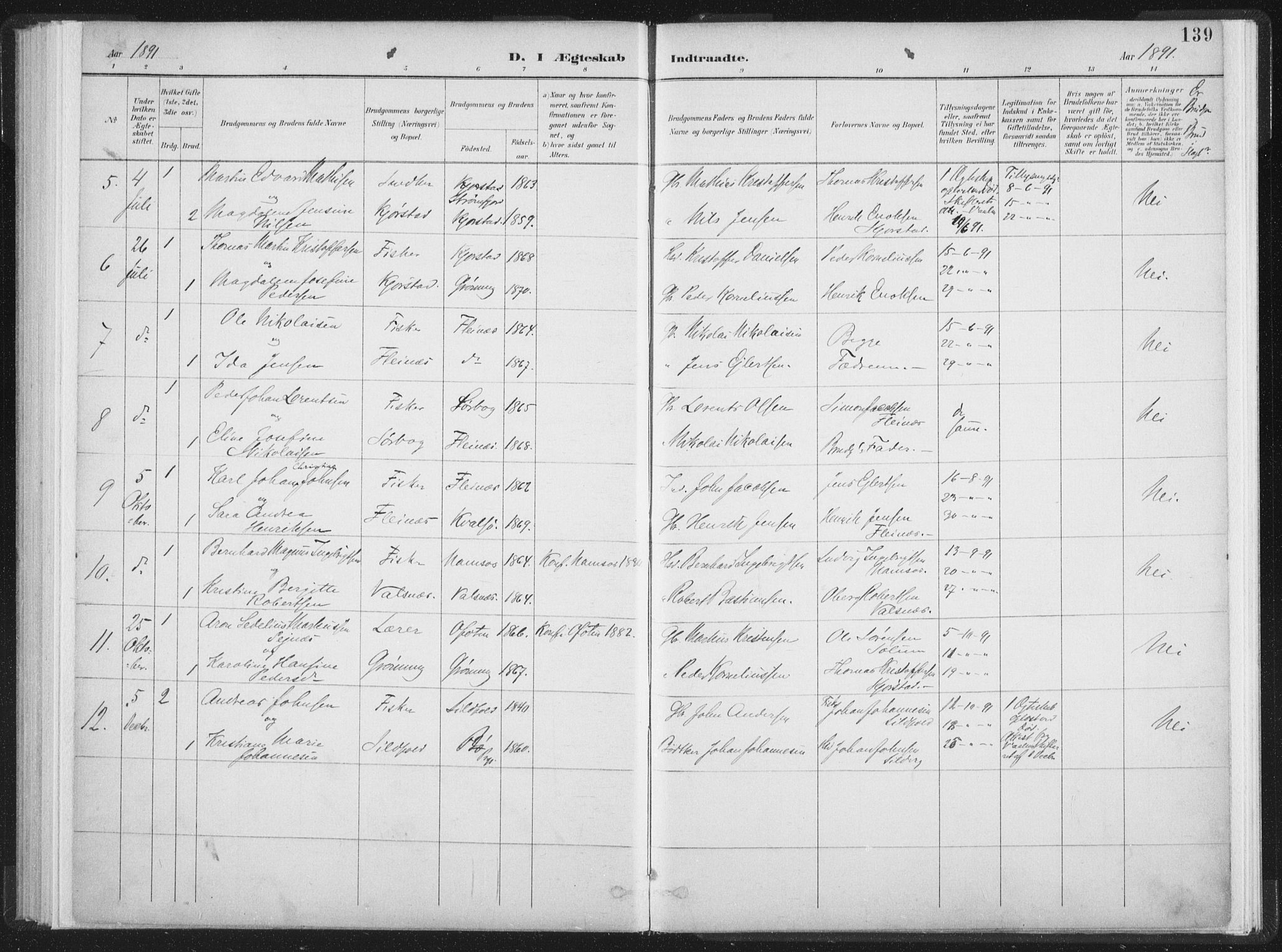 Ministerialprotokoller, klokkerbøker og fødselsregistre - Nordland, SAT/A-1459/890/L1286: Parish register (official) no. 890A01, 1882-1902, p. 139