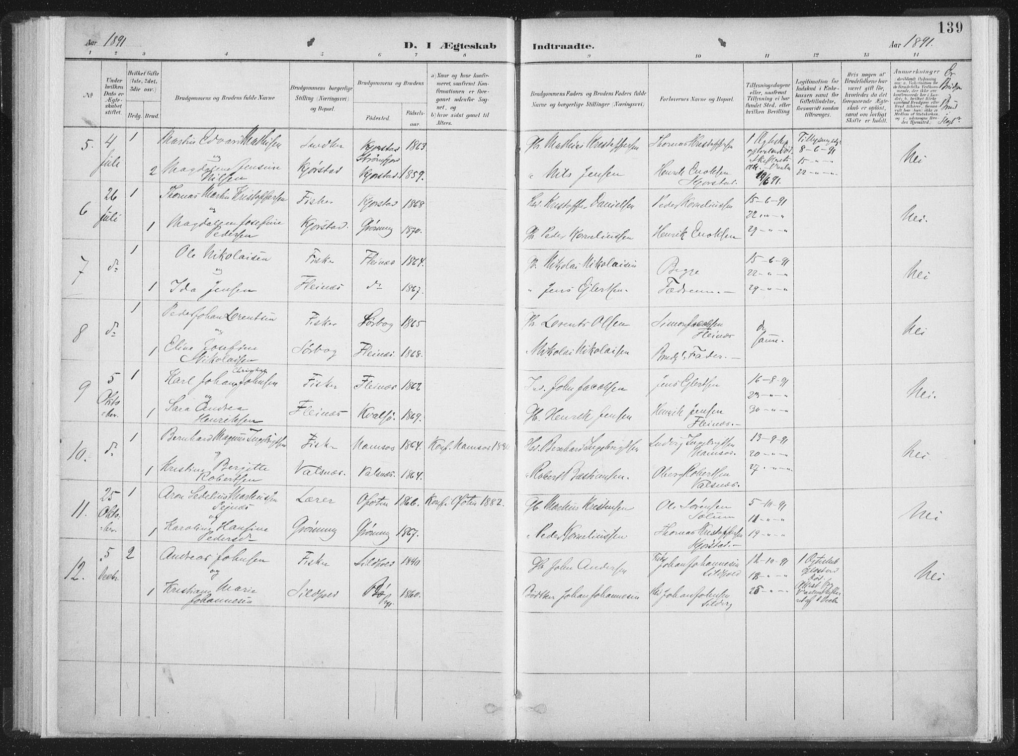 Ministerialprotokoller, klokkerbøker og fødselsregistre - Nordland, AV/SAT-A-1459/890/L1286: Parish register (official) no. 890A01, 1882-1902, p. 139