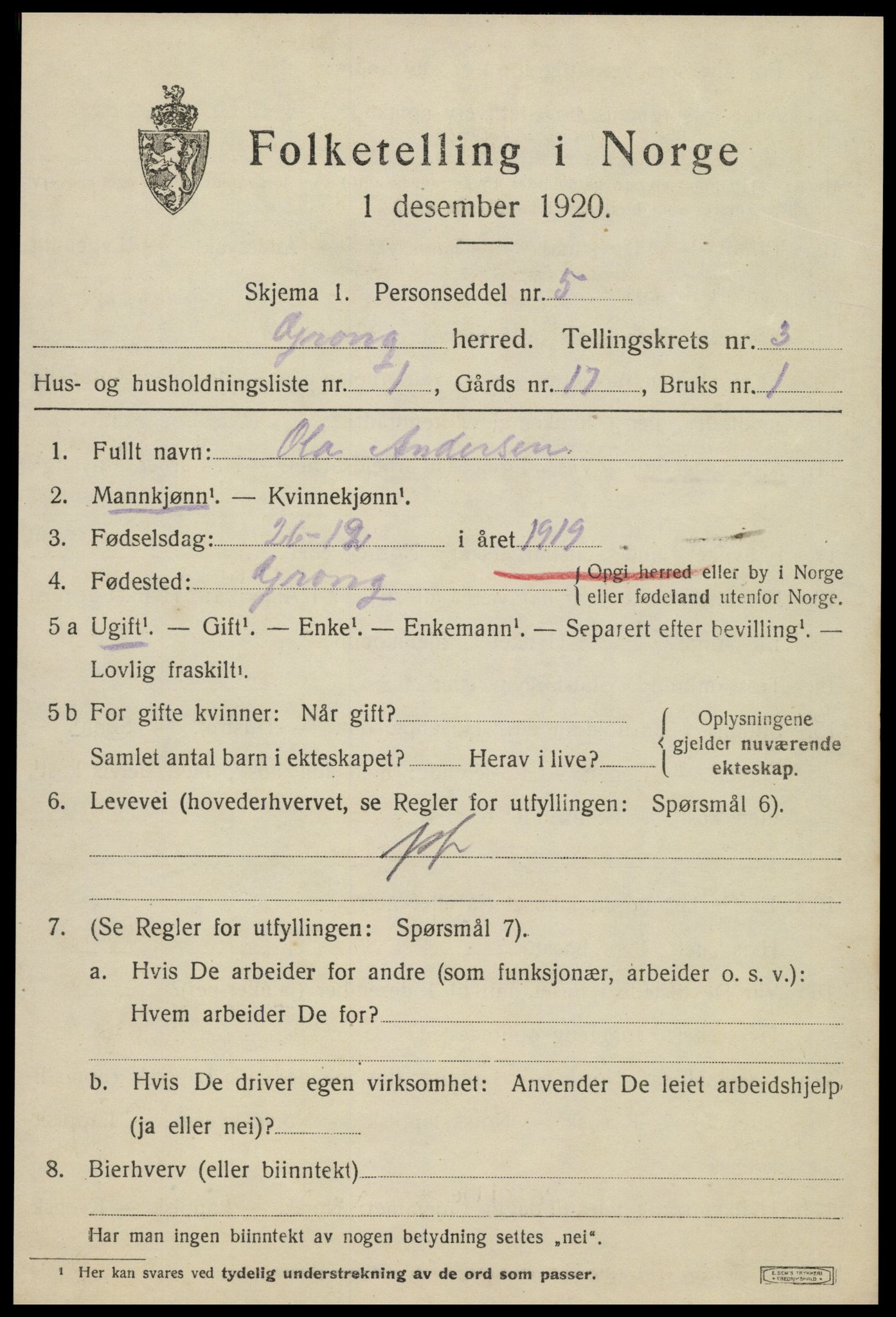 SAT, 1920 census for Grong, 1920, p. 2199