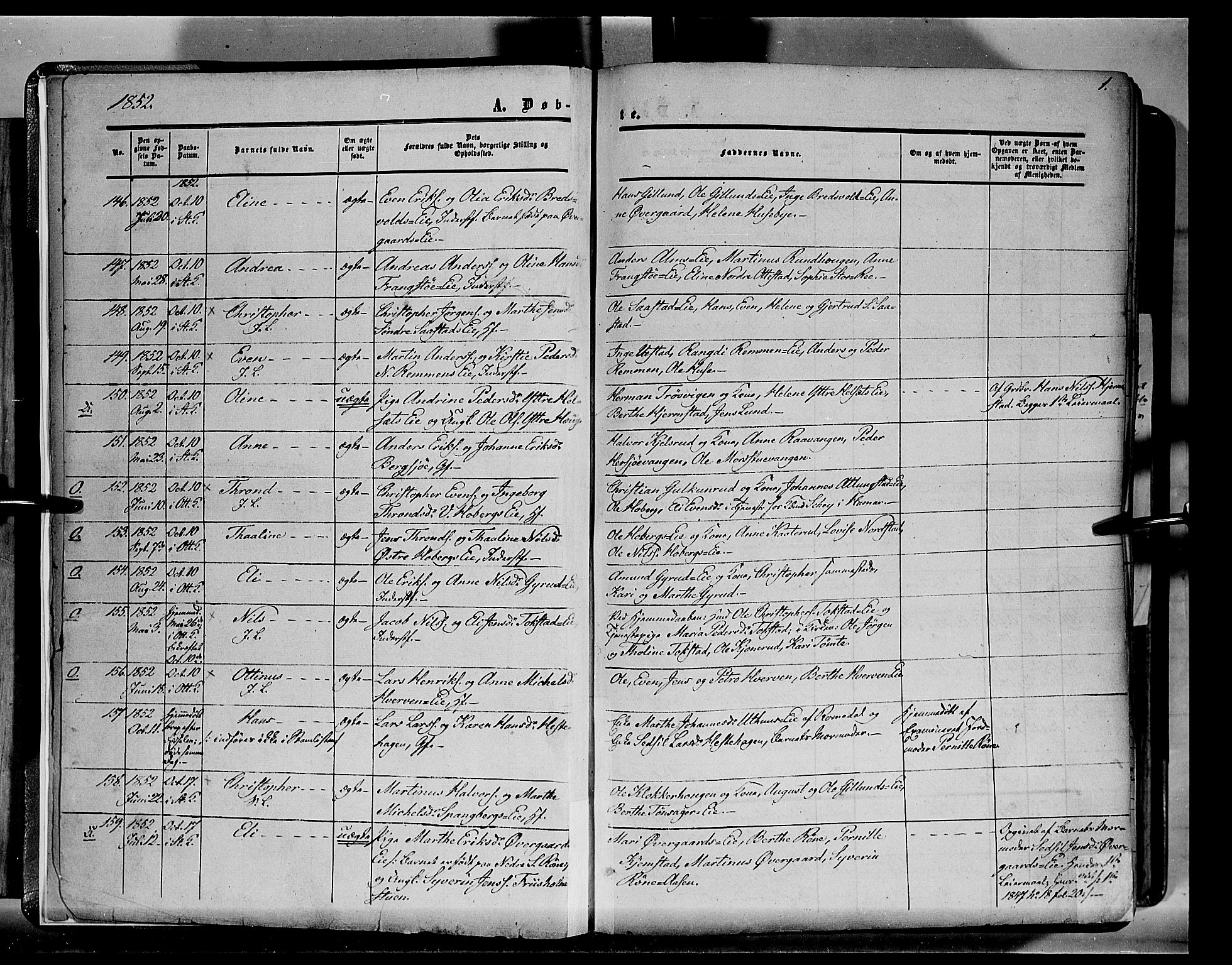Stange prestekontor, SAH/PREST-002/K/L0012: Parish register (official) no. 12, 1852-1862, p. 1