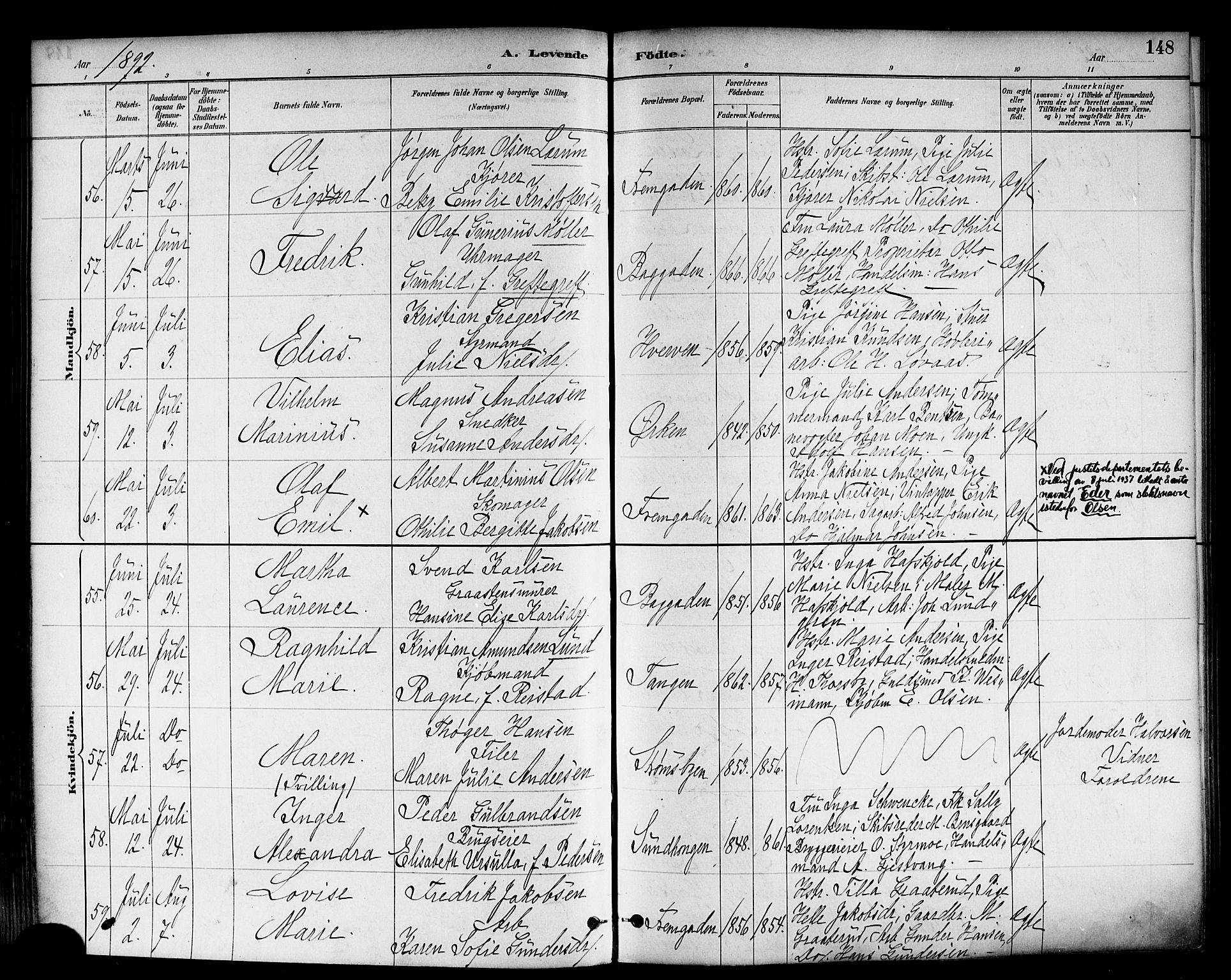 Strømsø kirkebøker, AV/SAKO-A-246/F/Fa/L0023: Parish register (official) no. I 23, 1885-1894, p. 148