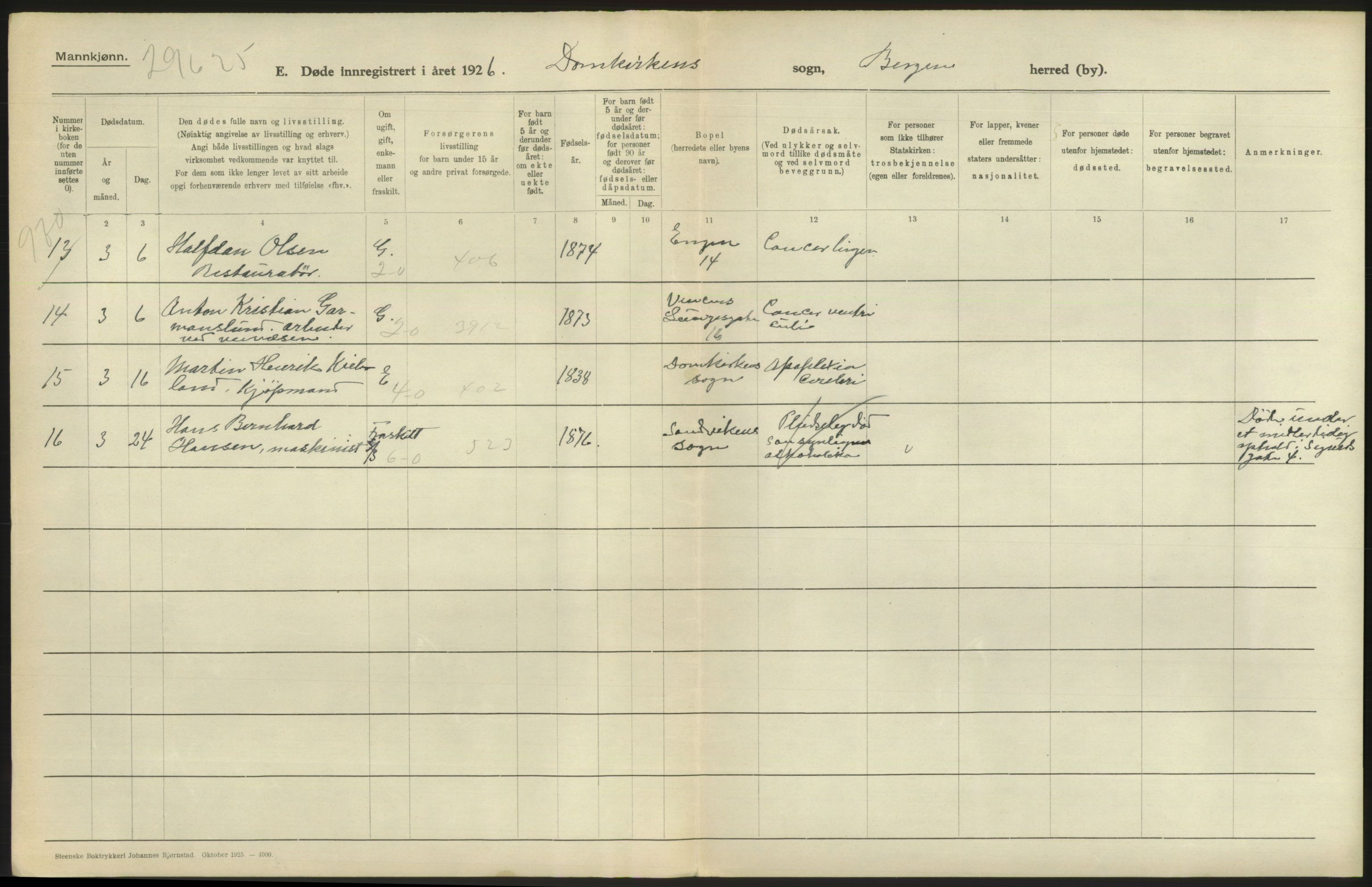 Statistisk sentralbyrå, Sosiodemografiske emner, Befolkning, RA/S-2228/D/Df/Dfc/Dfcf/L0028: Bergen: Gifte, døde, dødfødte., 1926, p. 612