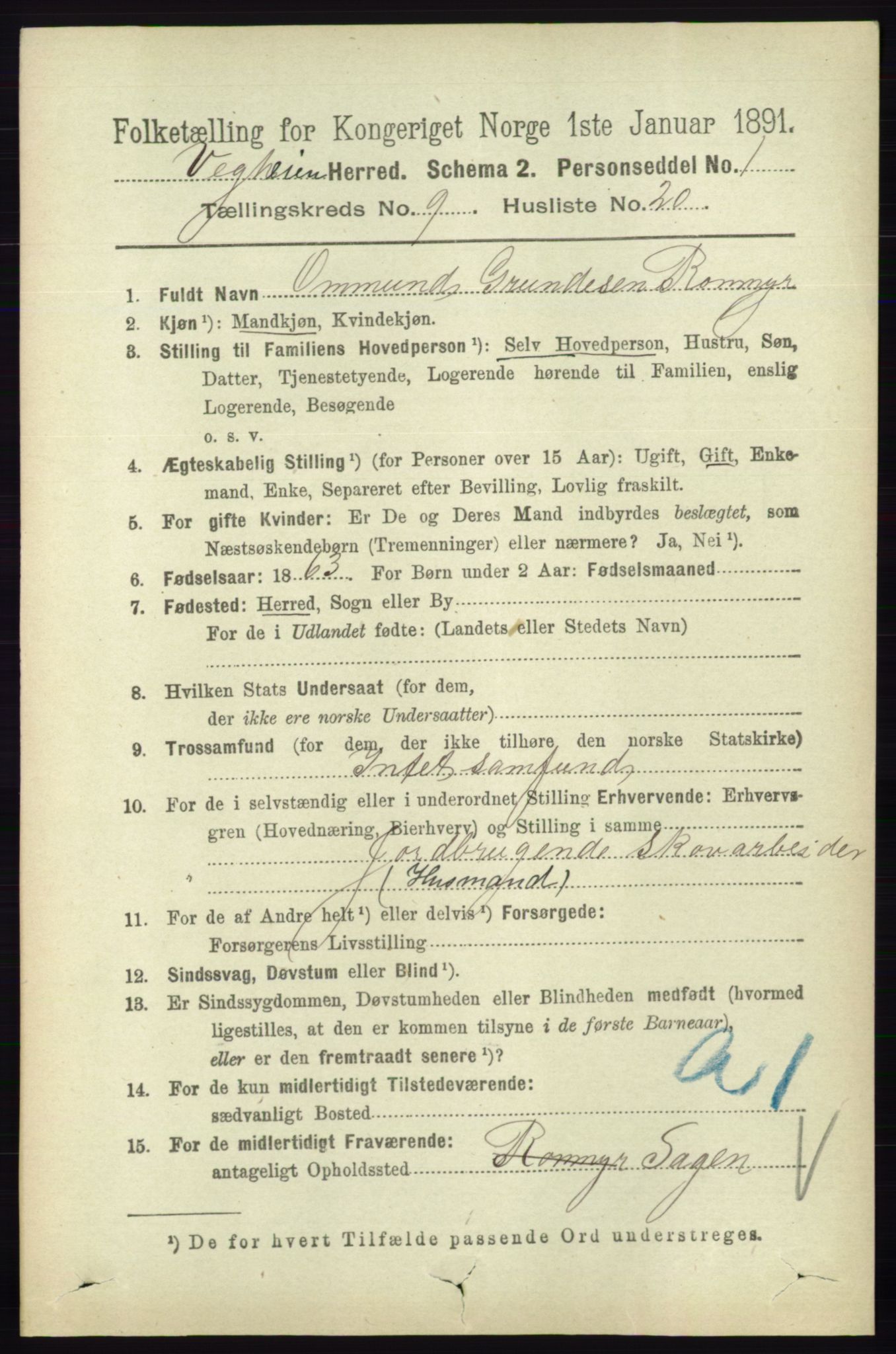 RA, 1891 census for 0912 Vegårshei, 1891, p. 1871