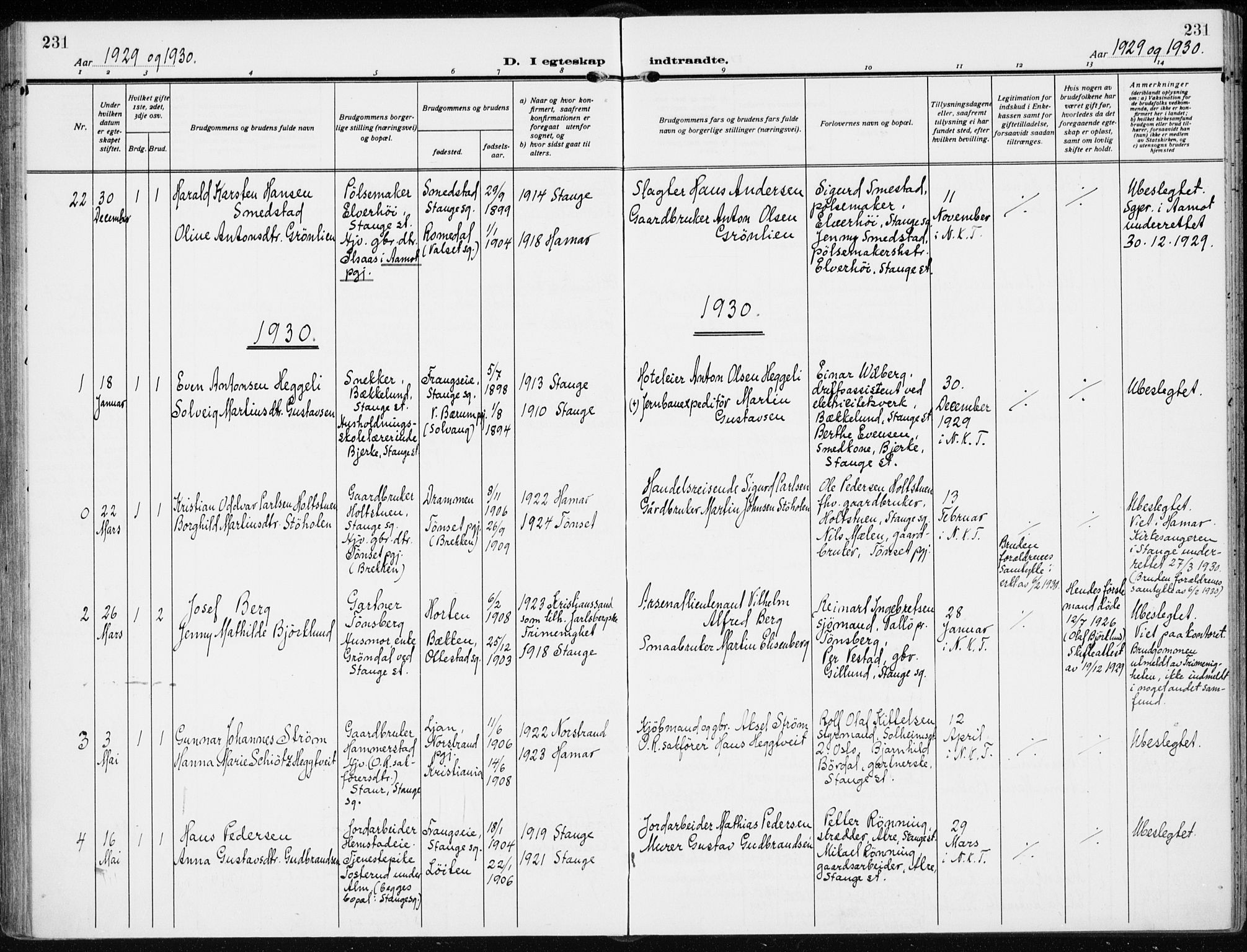 Stange prestekontor, AV/SAH-PREST-002/K/L0026: Parish register (official) no. 26, 1923-1937, p. 231