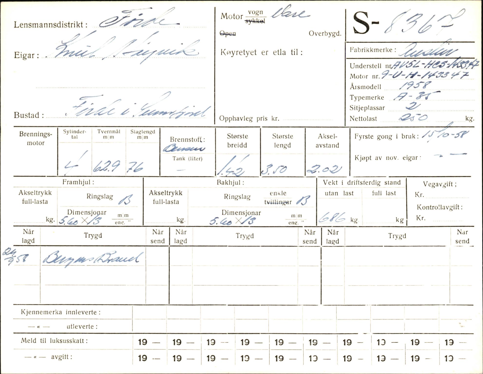 Statens vegvesen, Sogn og Fjordane vegkontor, AV/SAB-A-5301/4/F/L0006: Registerkort utmeldte Fjordane S8300-9500, 1930-1961, p. 102