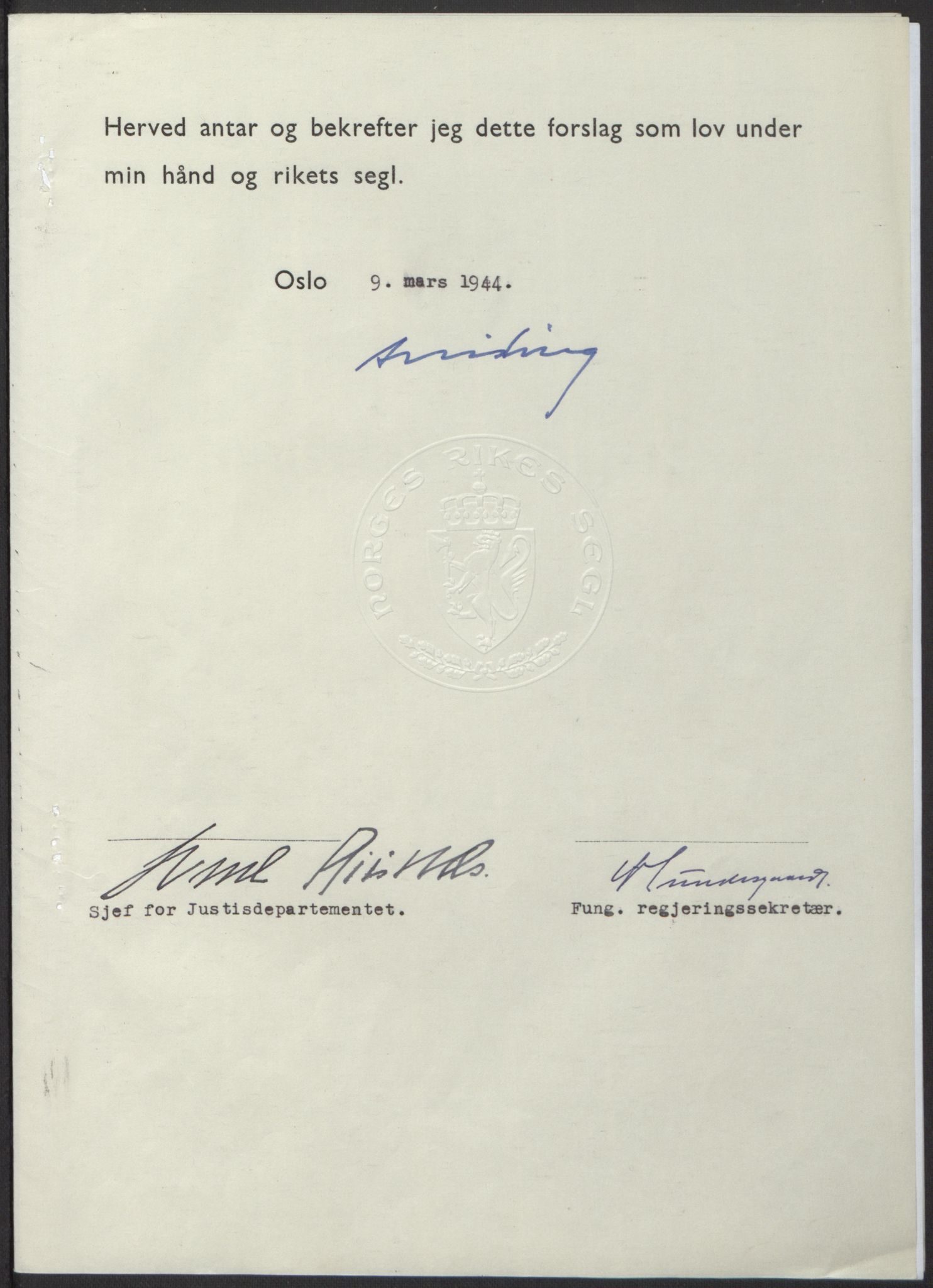 NS-administrasjonen 1940-1945 (Statsrådsekretariatet, de kommisariske statsråder mm), RA/S-4279/D/Db/L0100: Lover, 1944, p. 111