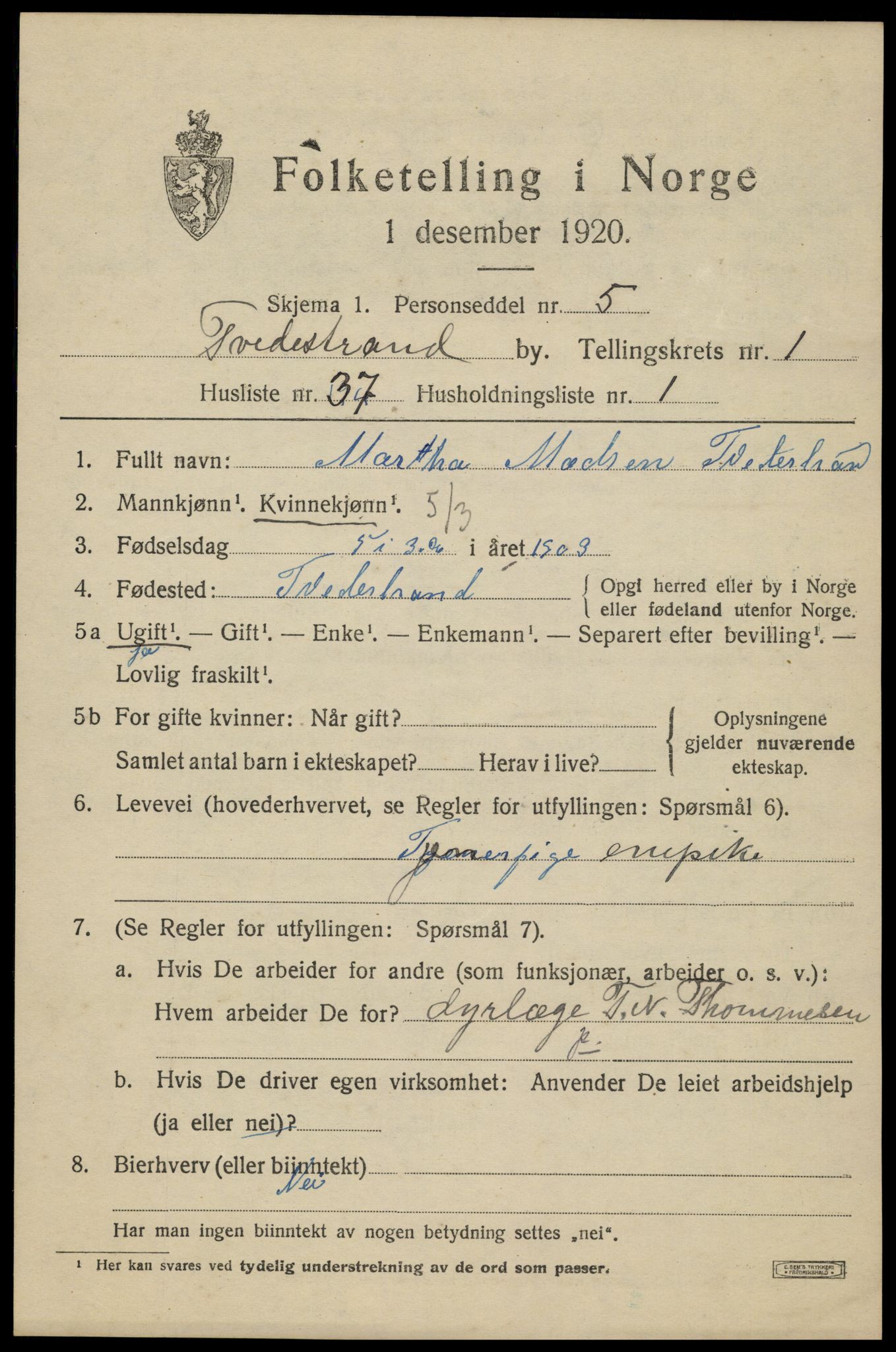 SAK, 1920 census for Tvedestrand, 1920, p. 1701