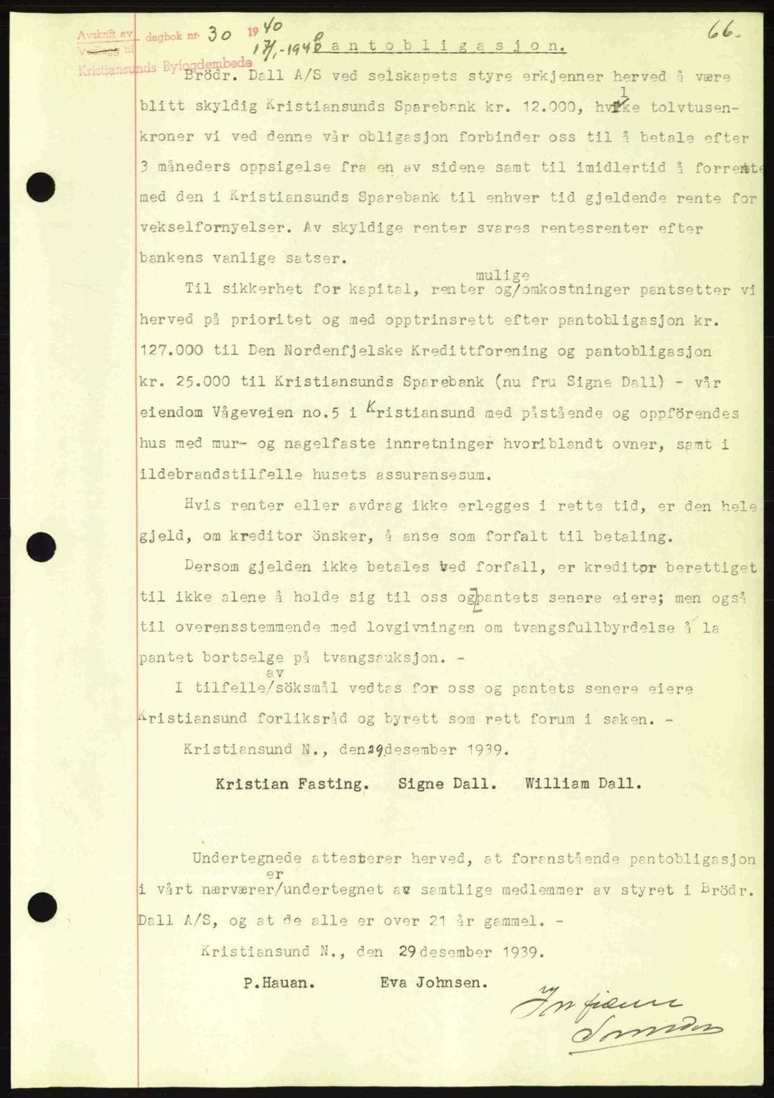 Kristiansund byfogd, AV/SAT-A-4587/A/27: Mortgage book no. 33, 1939-1941, Diary no: : 30/1940